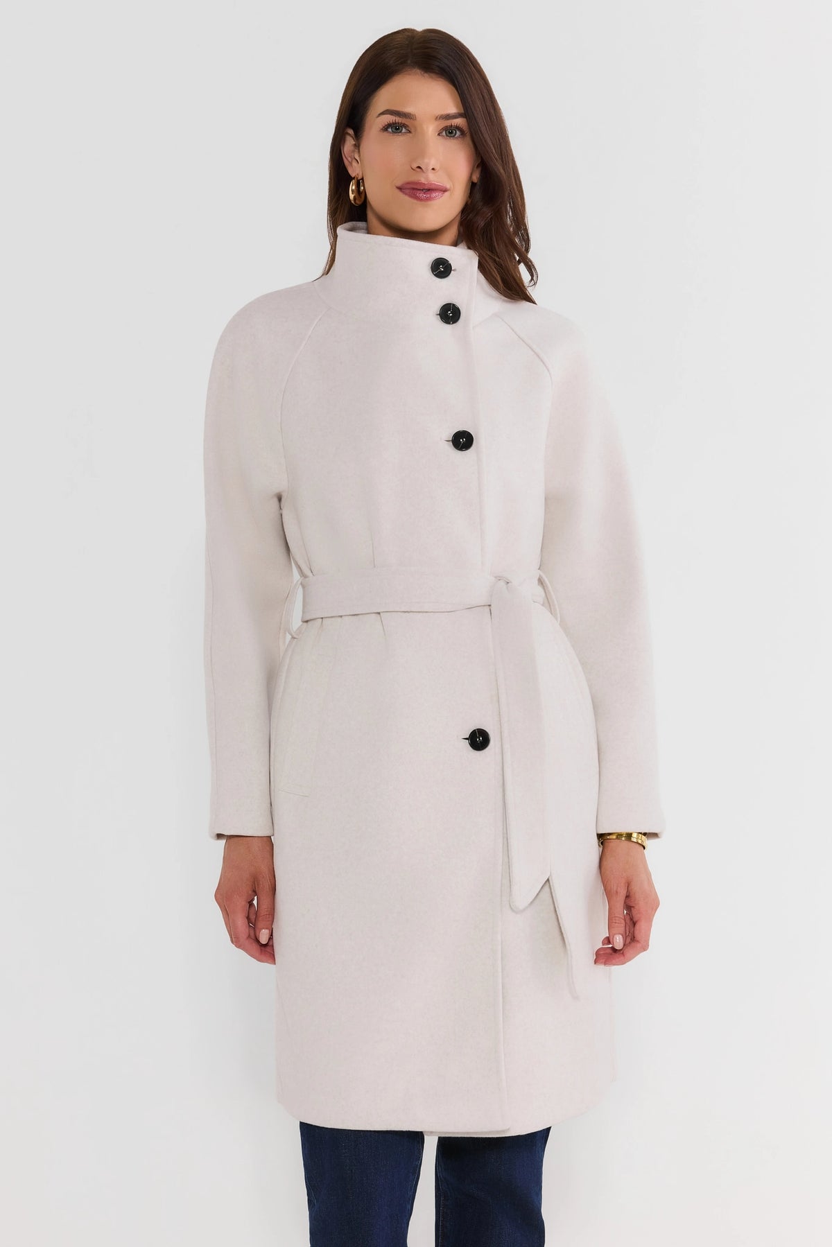 Ivory Funnel Neck Belted Coat - Front View On Model | Avara