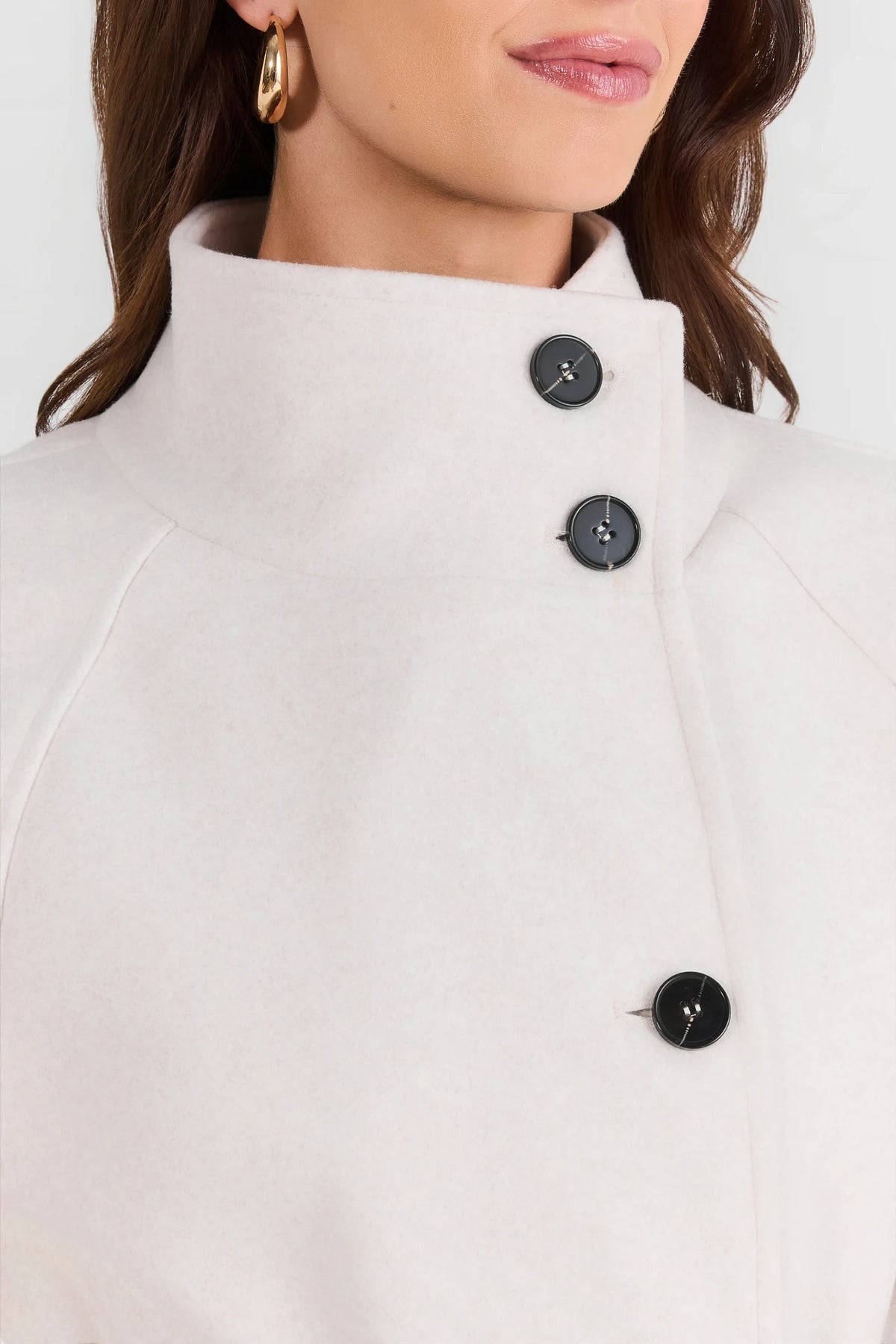 Ivory Funnel Neck Coat - Button & Collar Close-Up Detail | Avara