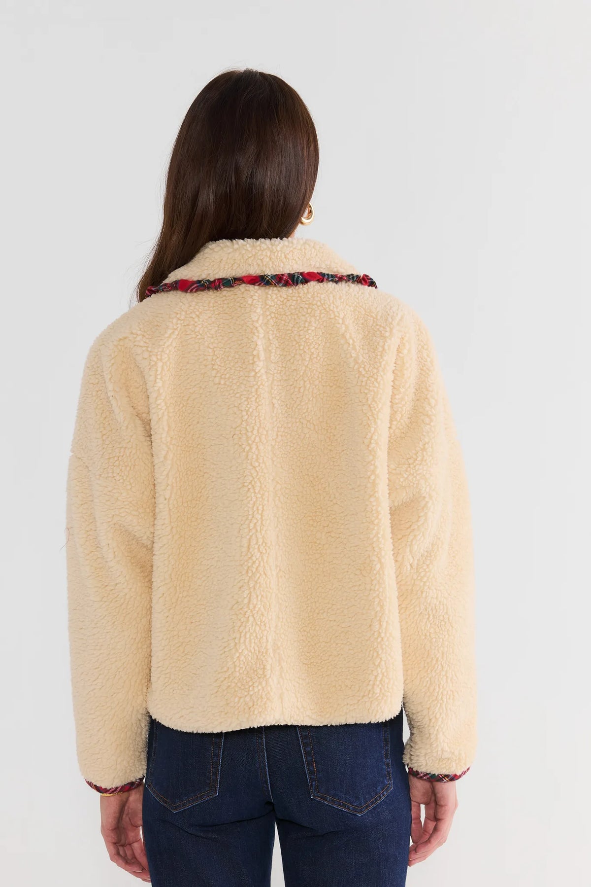 Cream Contrast Trim Sherpa Jacket - Back View On Model | Avara