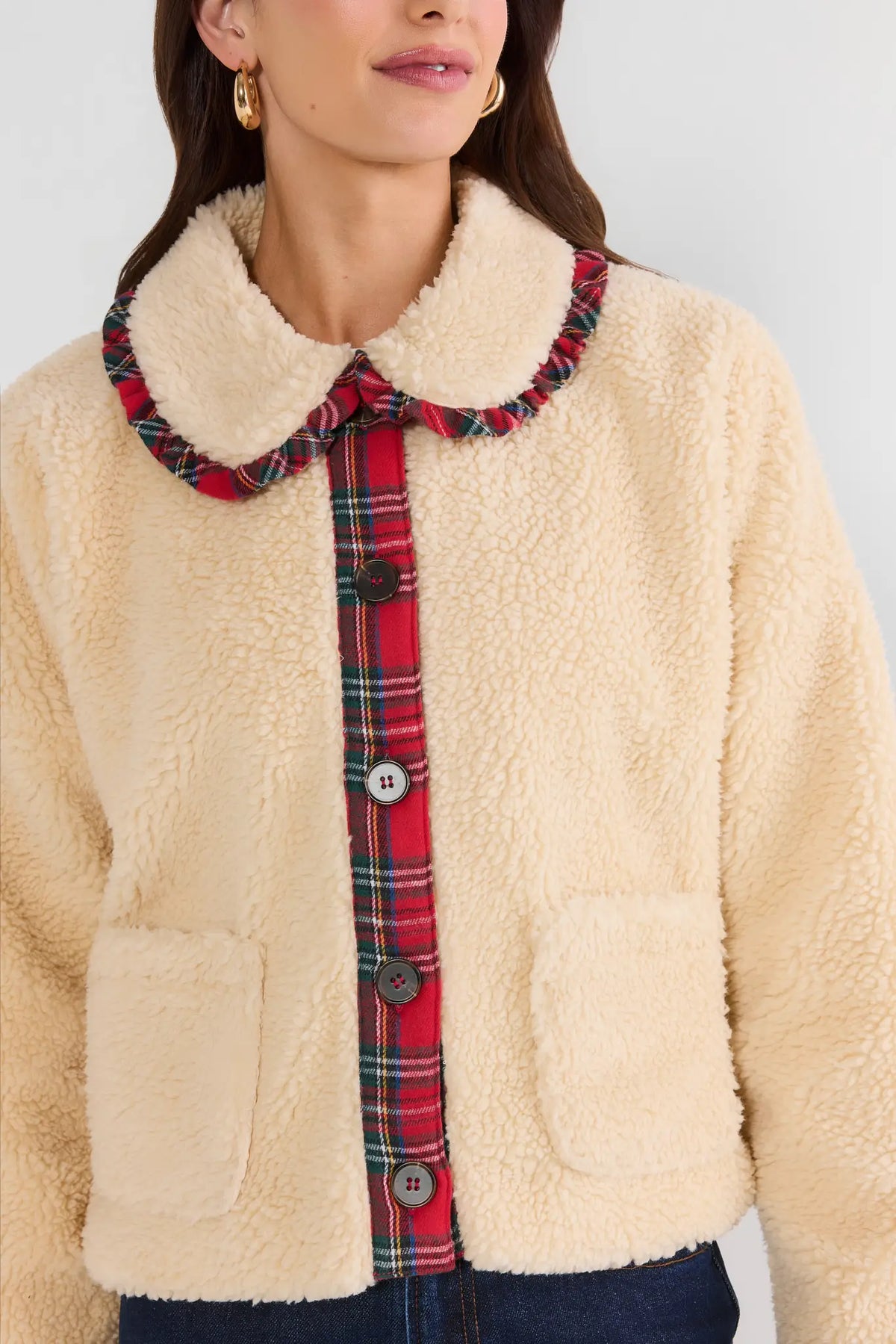 Cream Sherpa Jacket Plaid Collar & Button Detail Close-Up | Avara