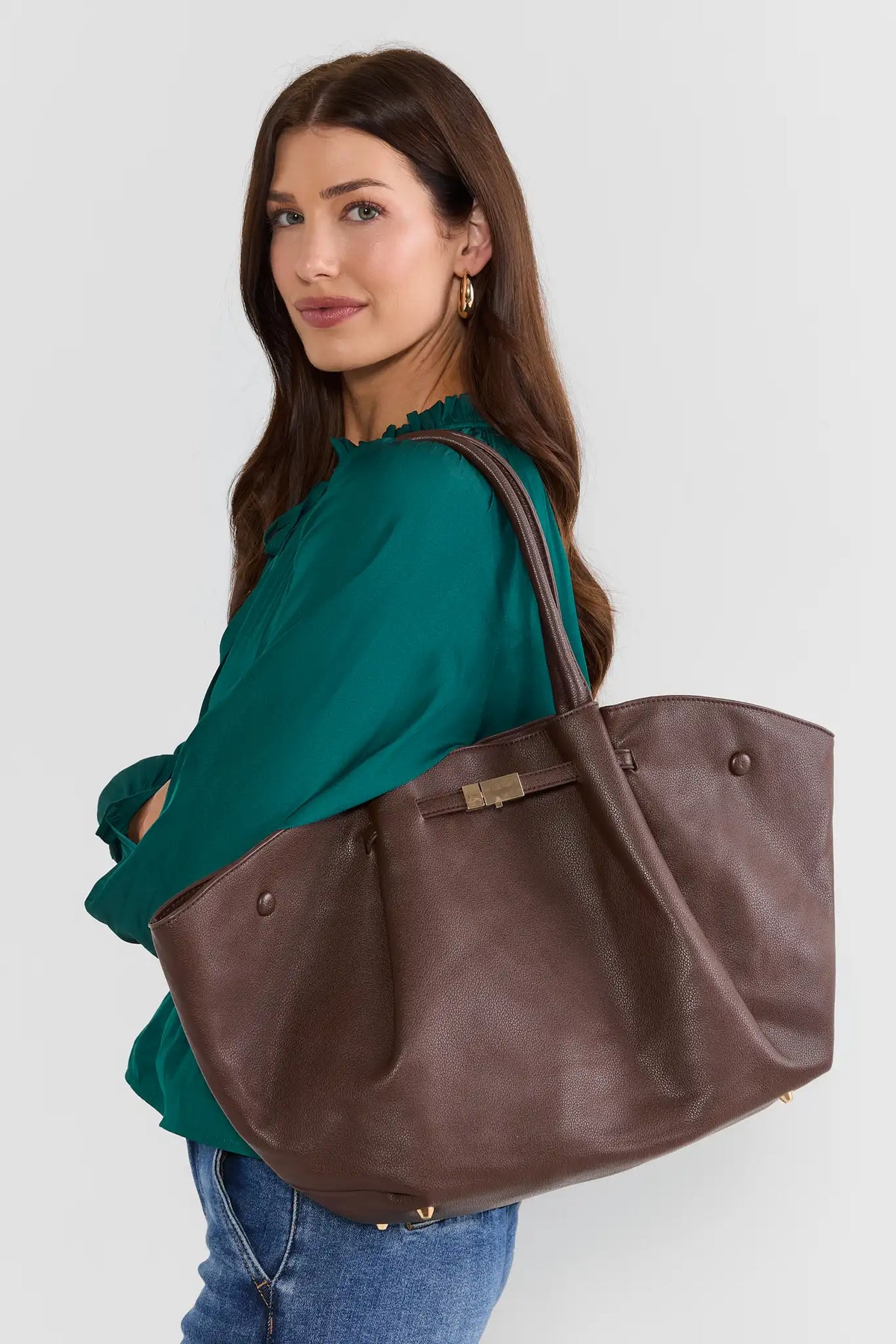 Brown Faux Leather Shoulder Bag - On Model Side View with Jeans | Avara