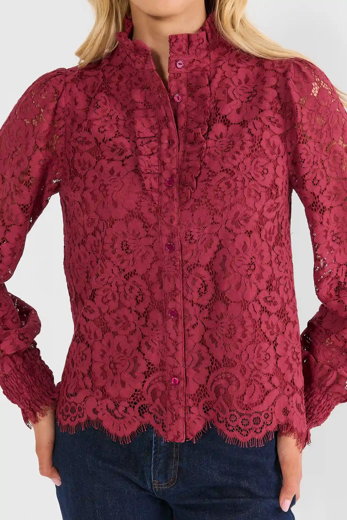 Burgundy Lace Button Up Top