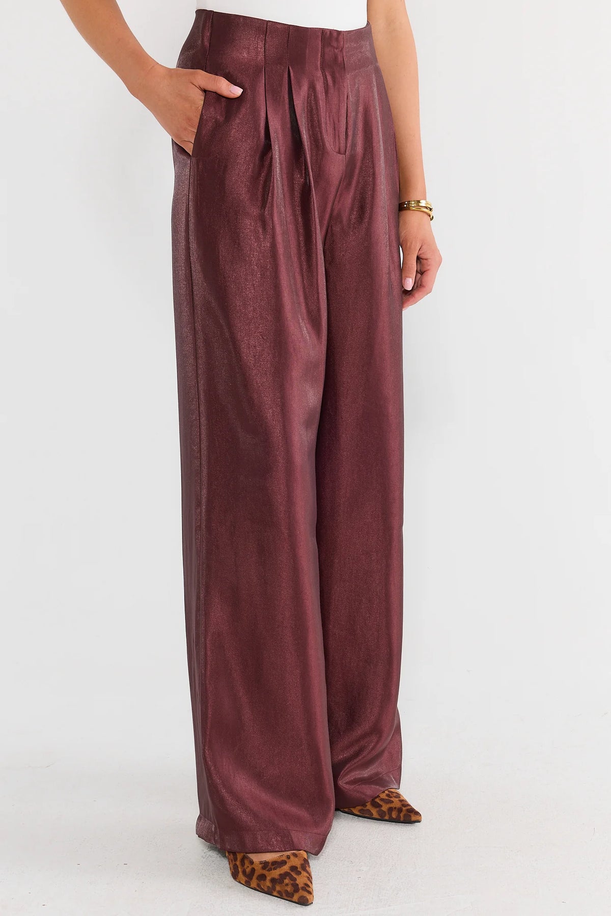 Burgundy High Waisted Pleated Pants