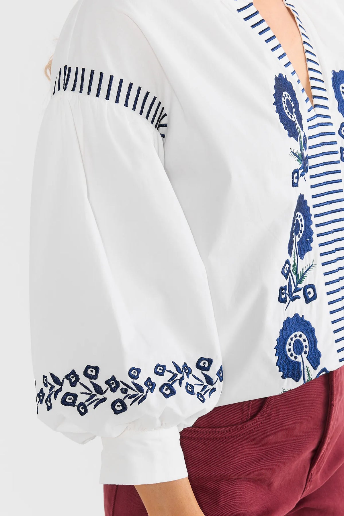 Ivory Cotton Floral Embroidered Top - Sleeve & Embroidery Detail Close-Up | Avara