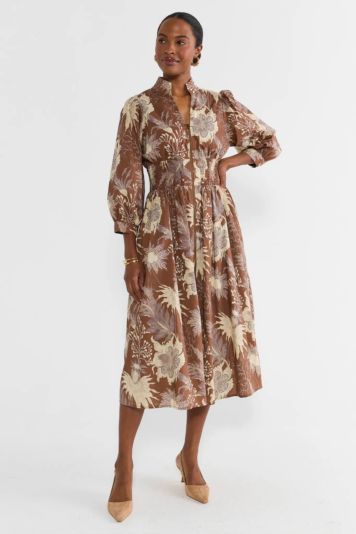 Lina Brown Floral Zip Up Midi Dress