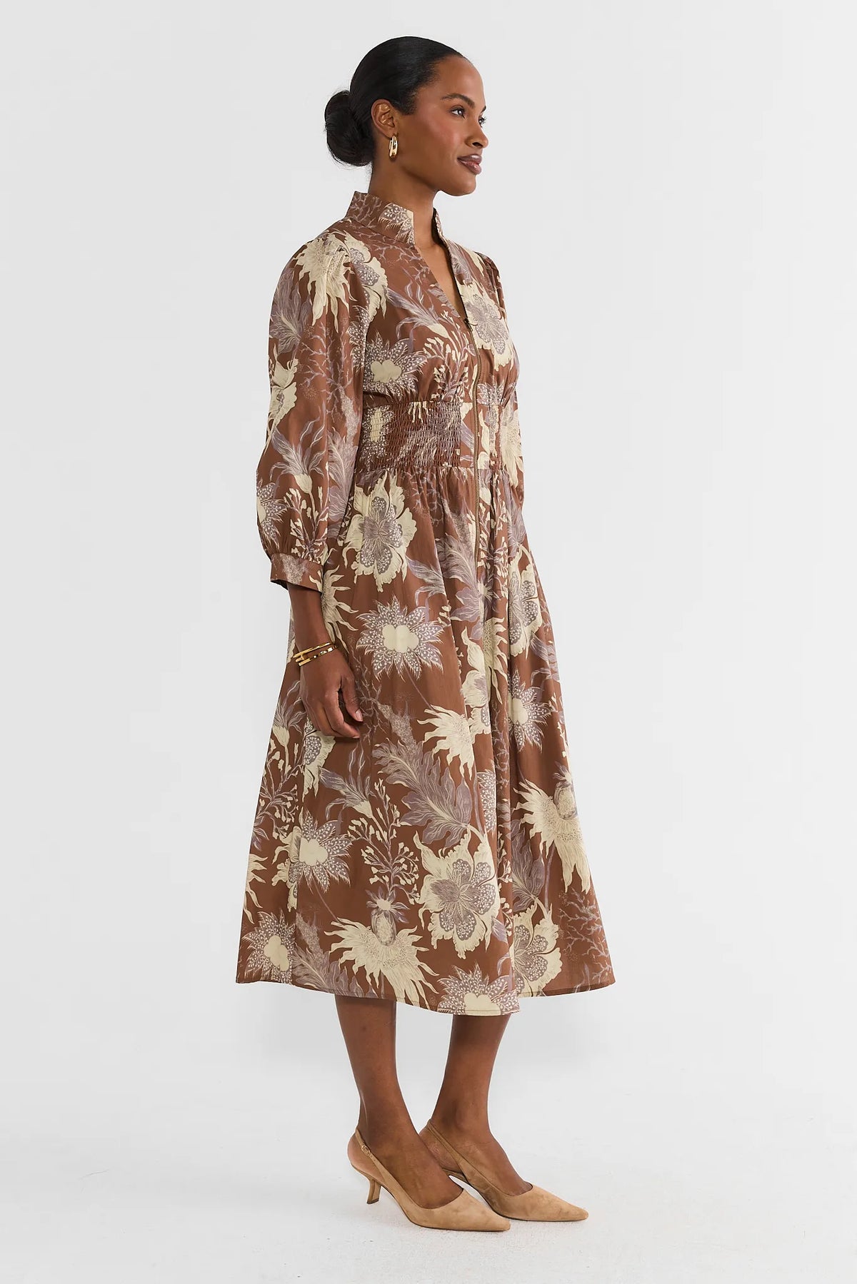 Lina Brown Floral Zip Up Midi Dress