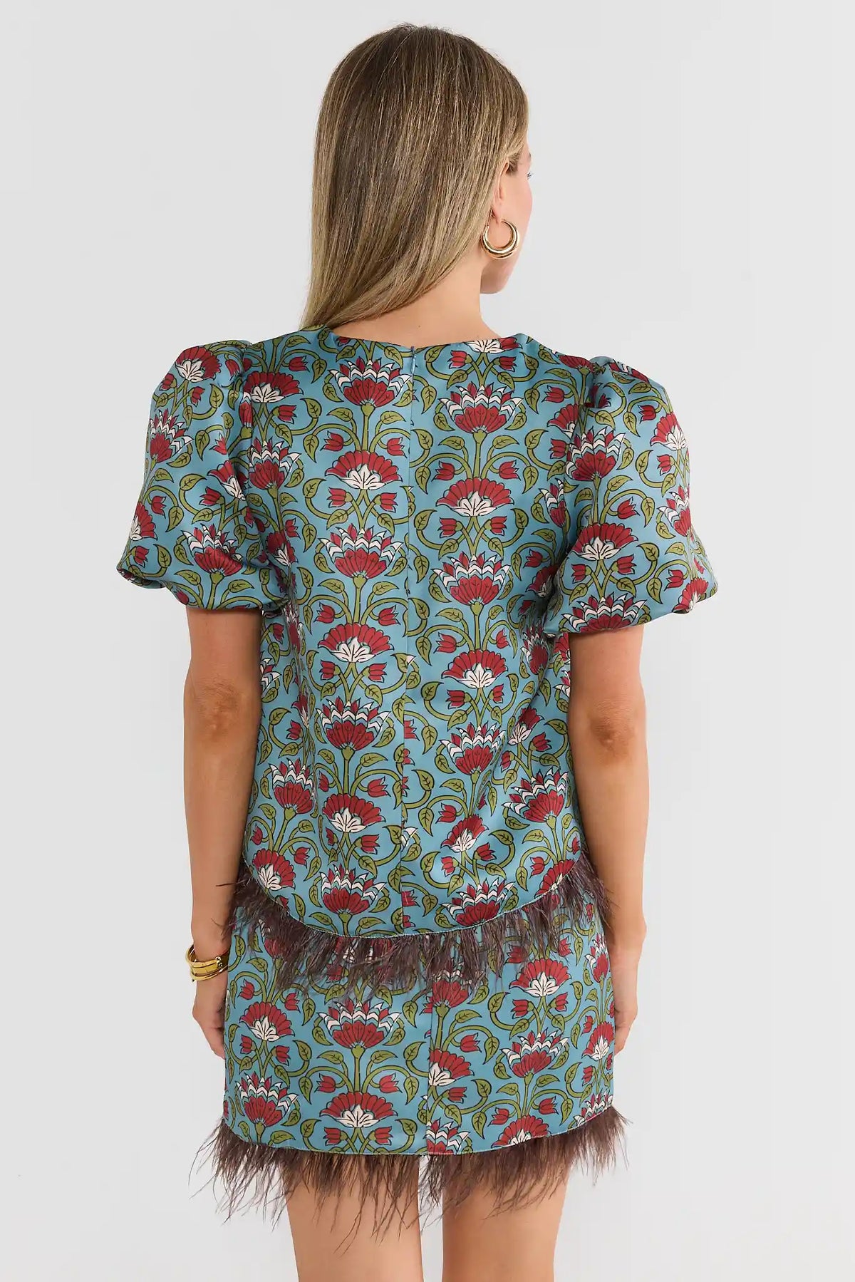 Blue Floral Printed Feather Trim Top