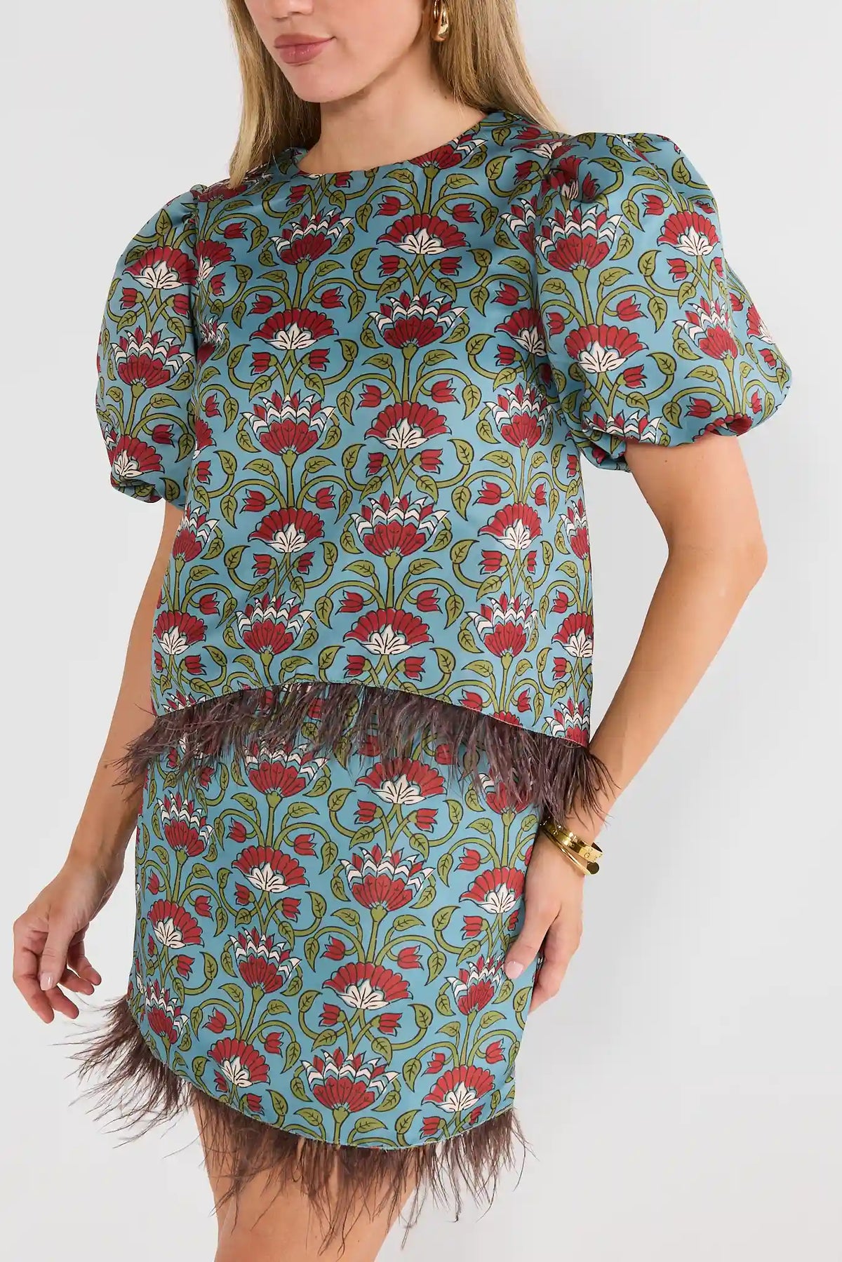 Blue Floral Printed Feather Trim Top