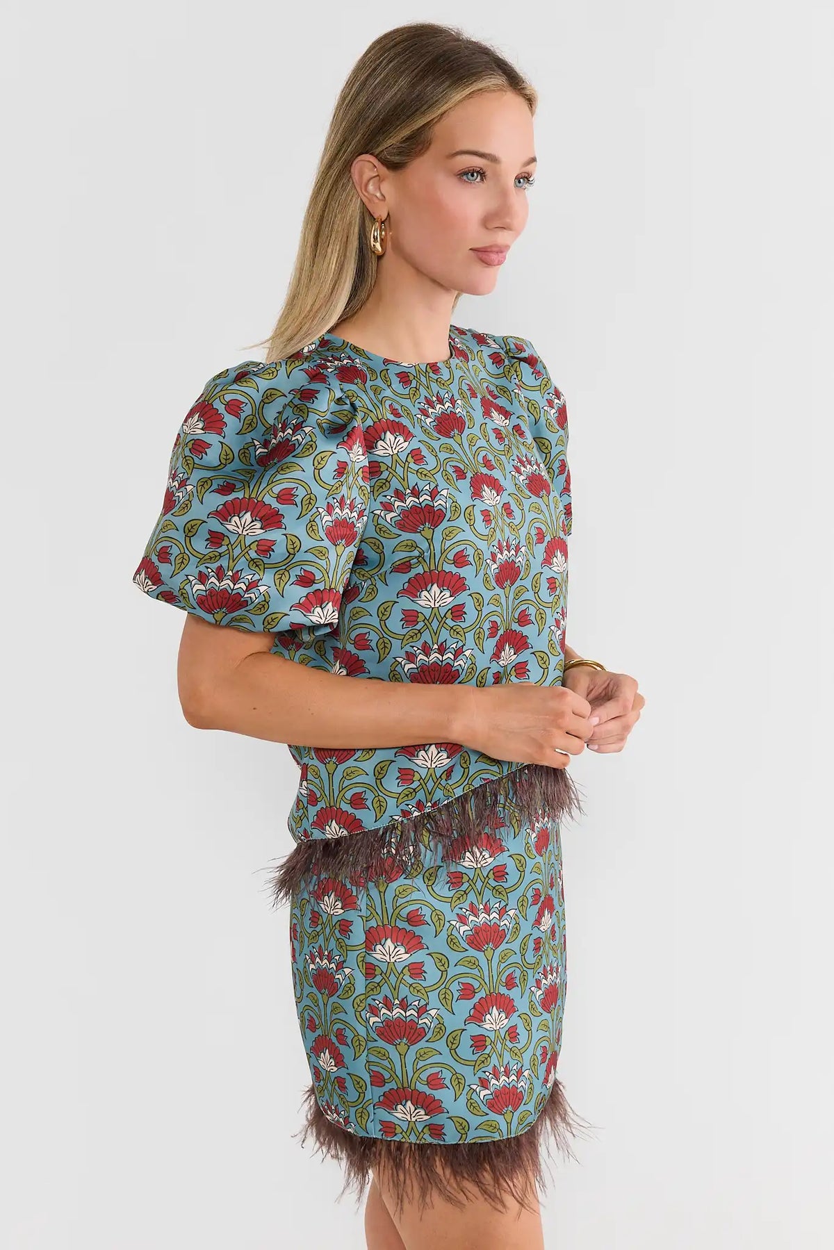 Blue Floral Printed Feather Trim Top