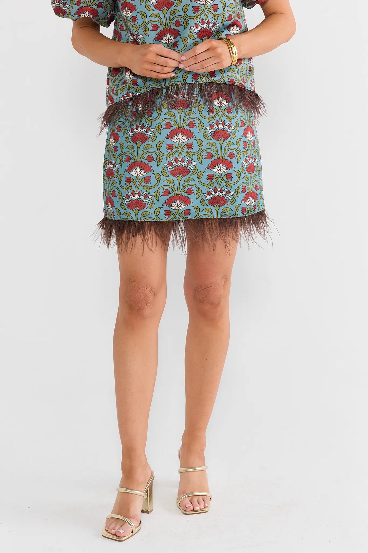 Blue Floral Printed Feather Trim Skirt