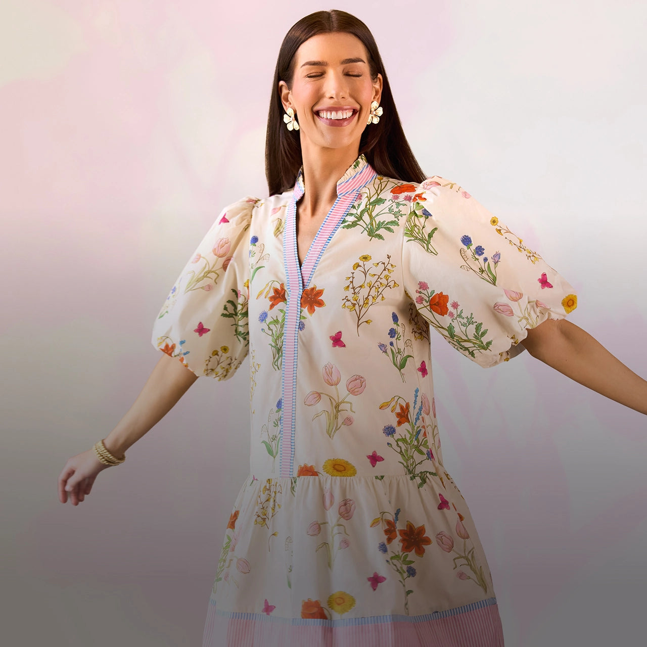 Woman wearing a floral dress with a blurred background