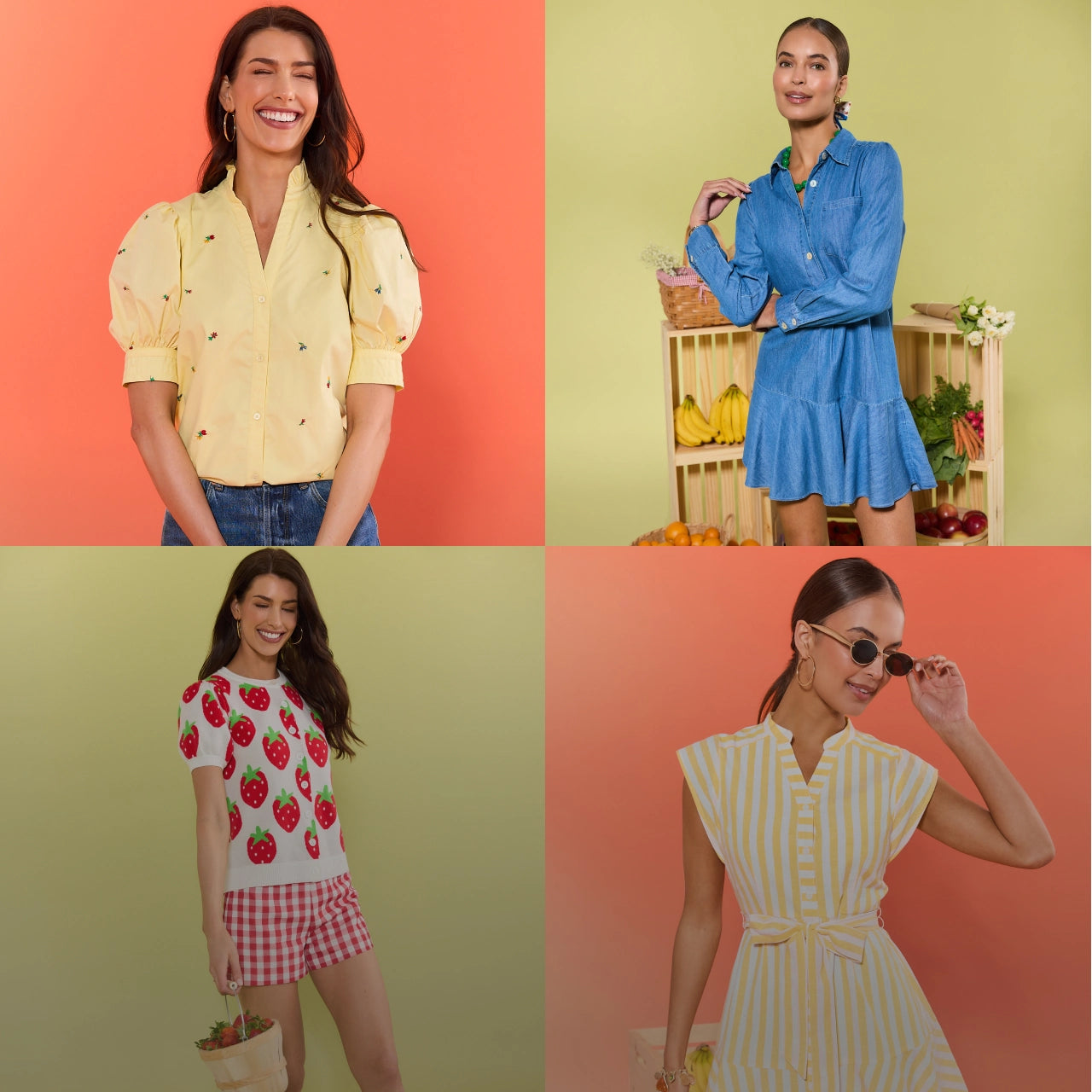 Four different outfits worn by a model on various colored backgrounds