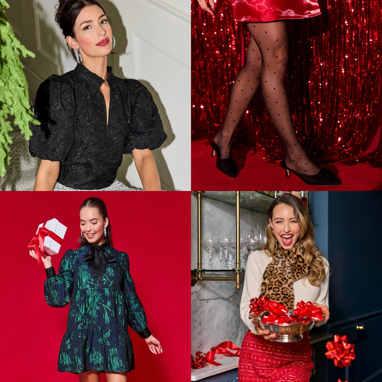 Collage of a woman in various outfits with festive elements.