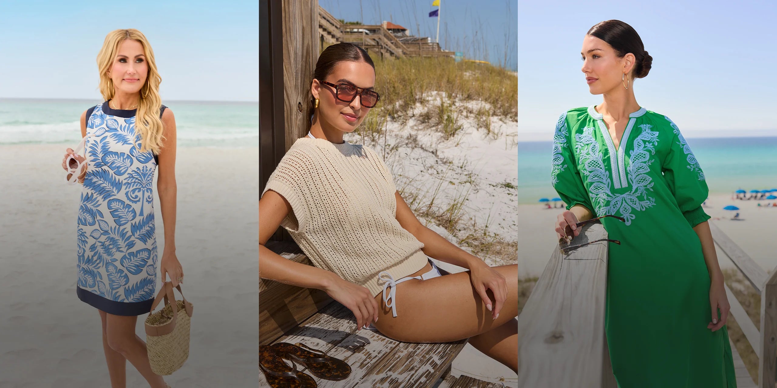 Three women in beach attire on a beach setting