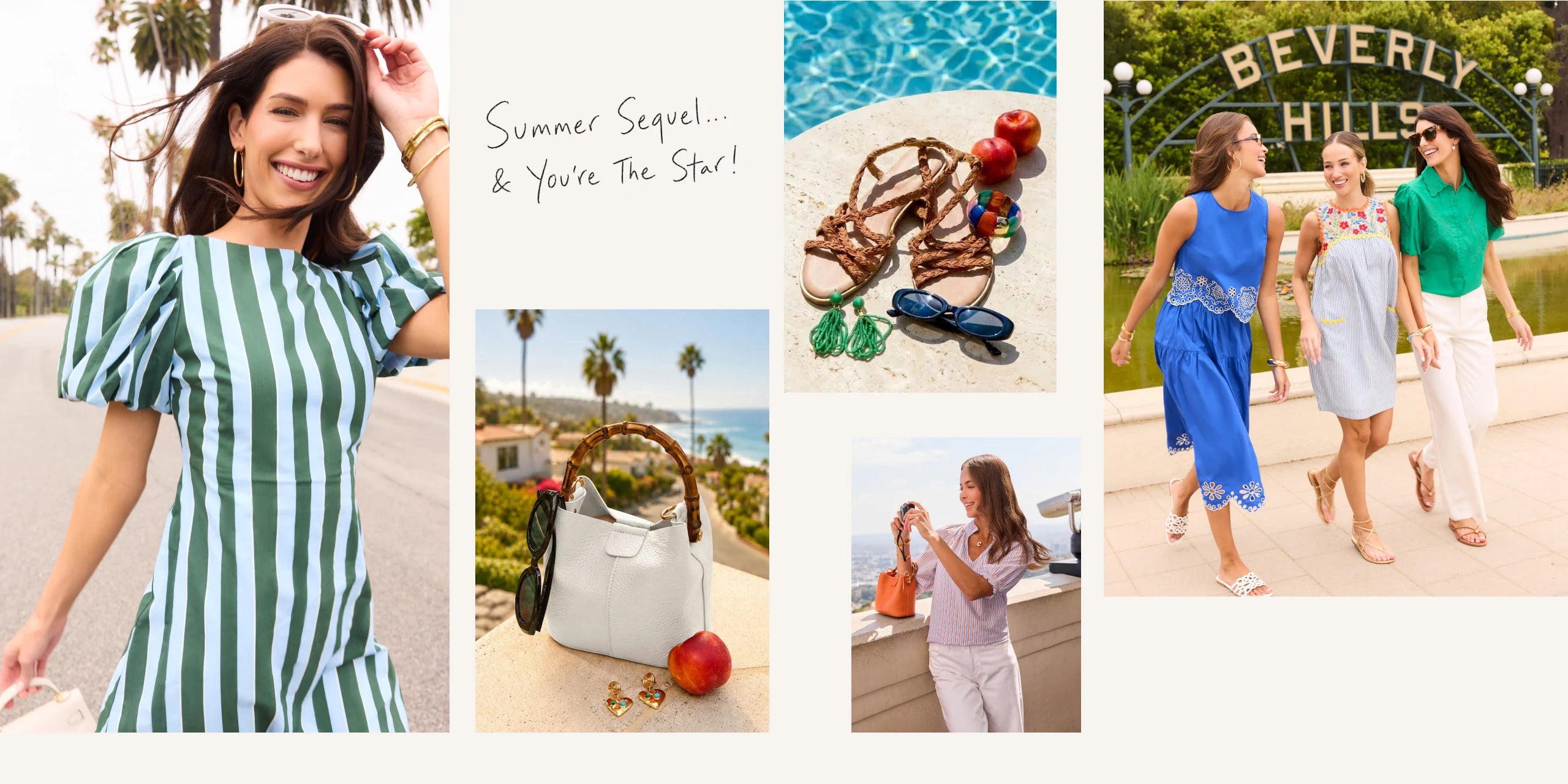 Collage of a woman in a striped dress, a poolside scene, sandals, a 'Beverly Hills' sign, and women walking.