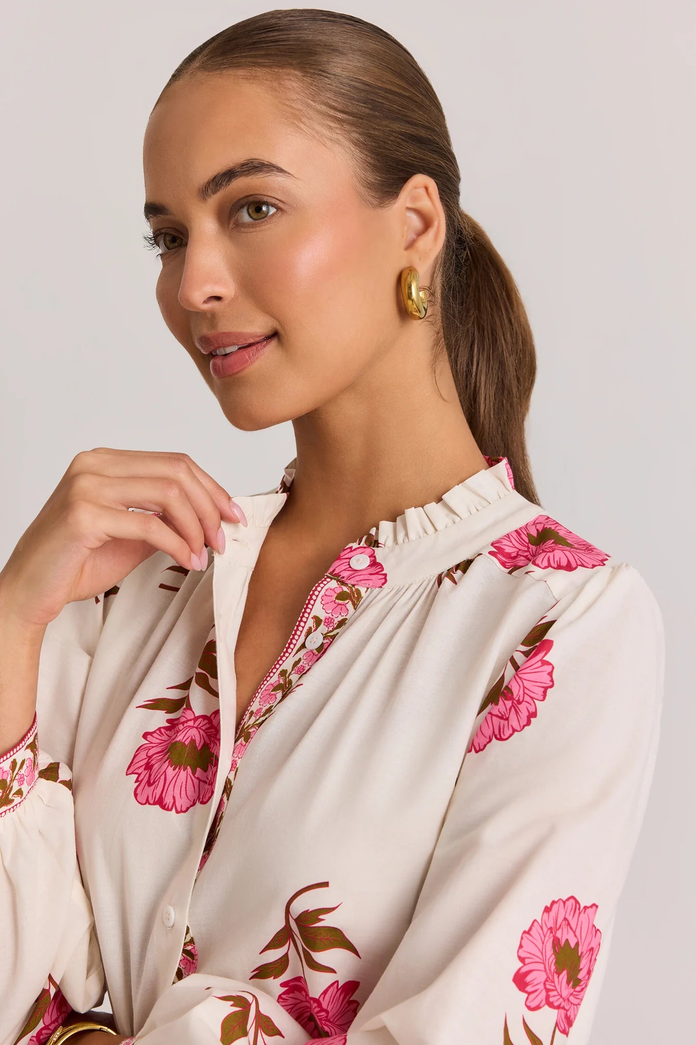 White Floral Button Up Top by THML