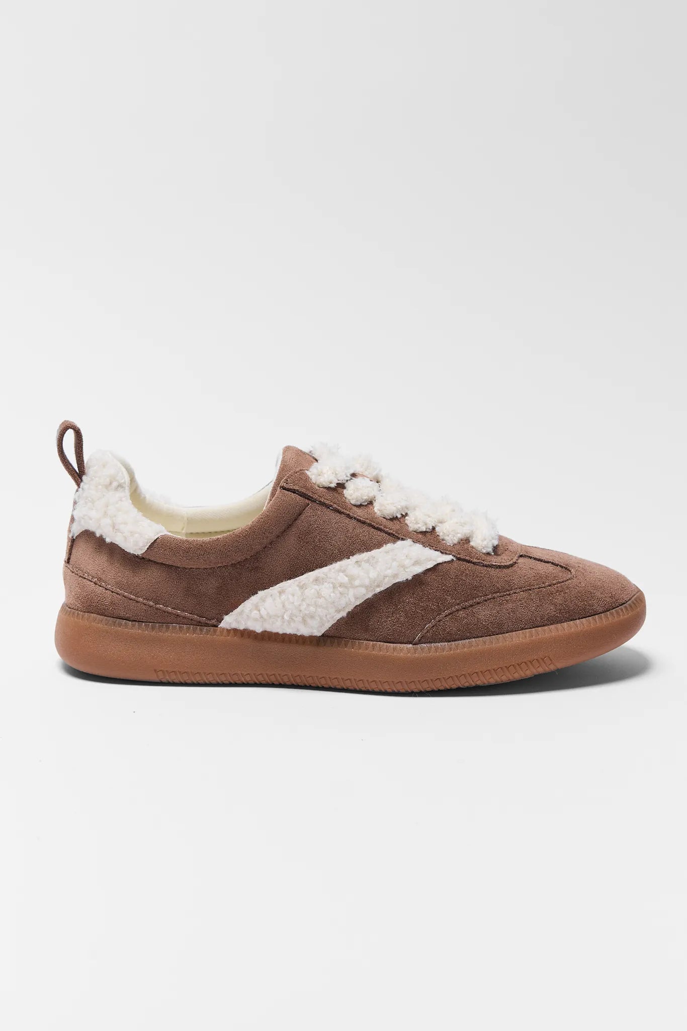 Brown sneaker with white accents on a light gray background Winona Brown Sherpa Sneakers