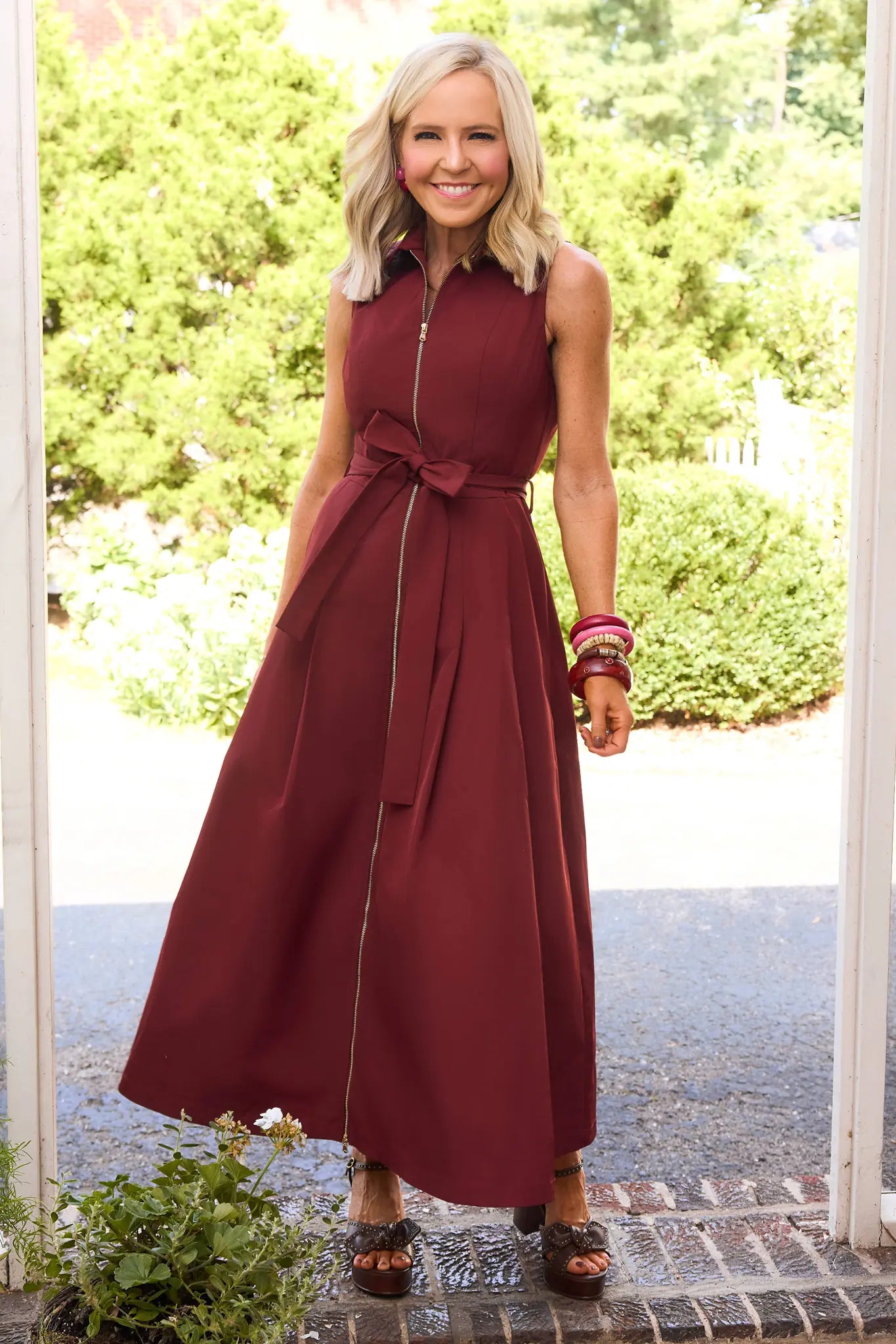 Zoe Burgundy Zip Up Midi Dress