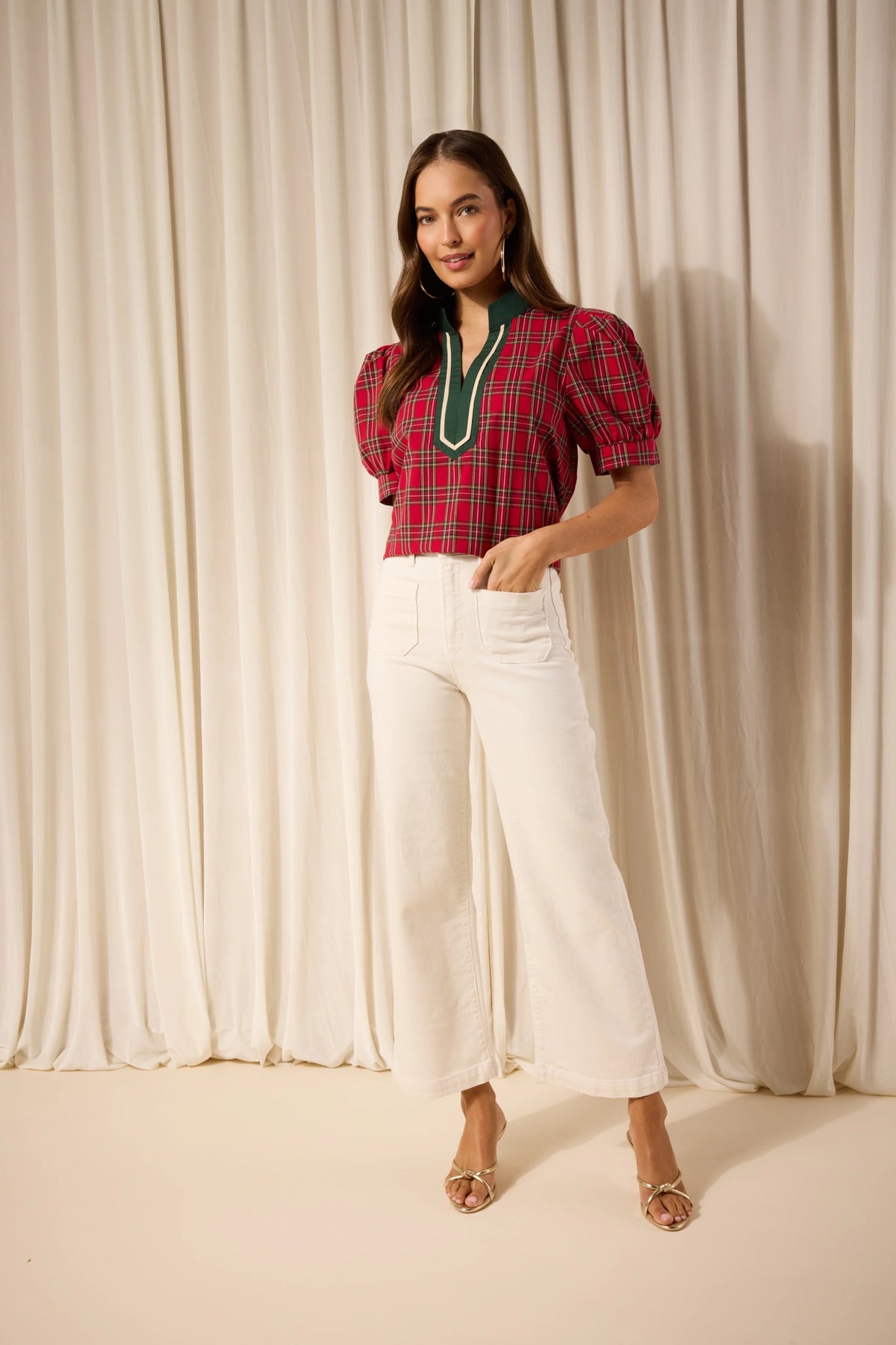 Madeline Red Plaid Contrast Trim Top