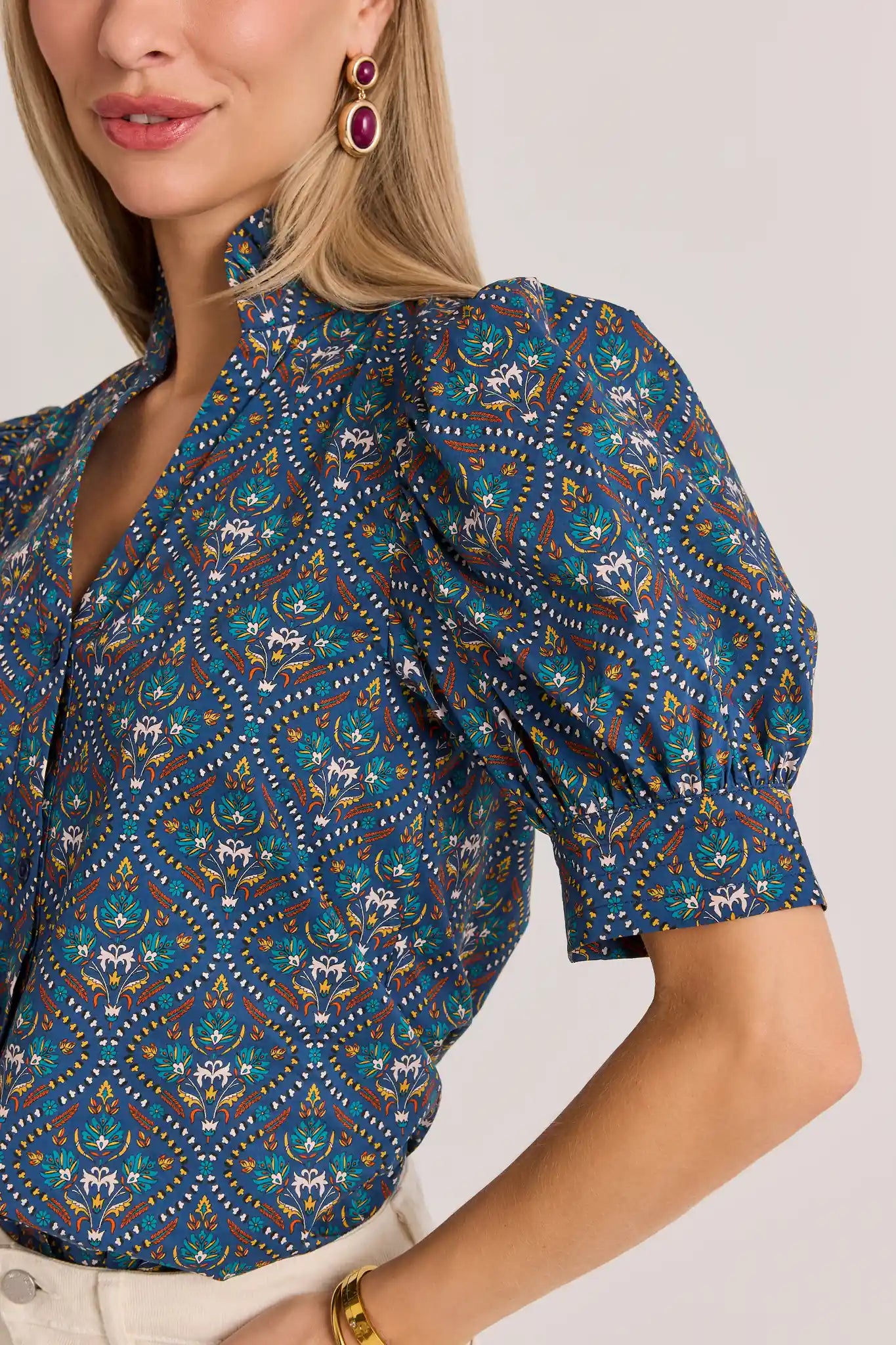Allison Navy Printed Split Neck Top