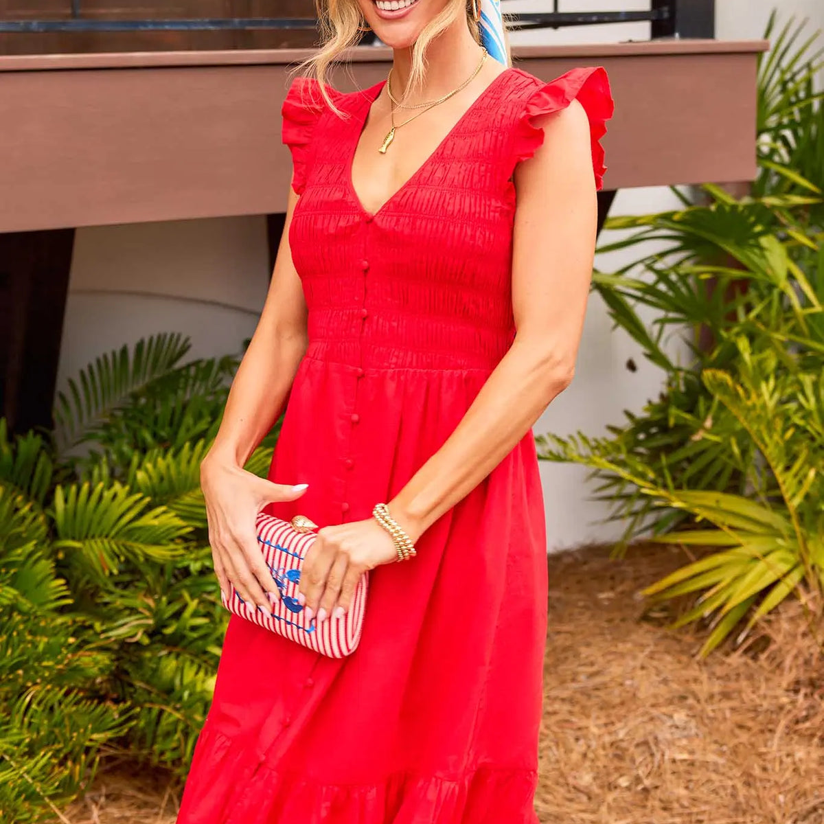 Allyn Red Smocked Midi Dress Allyn Red Smocked Midi Dress