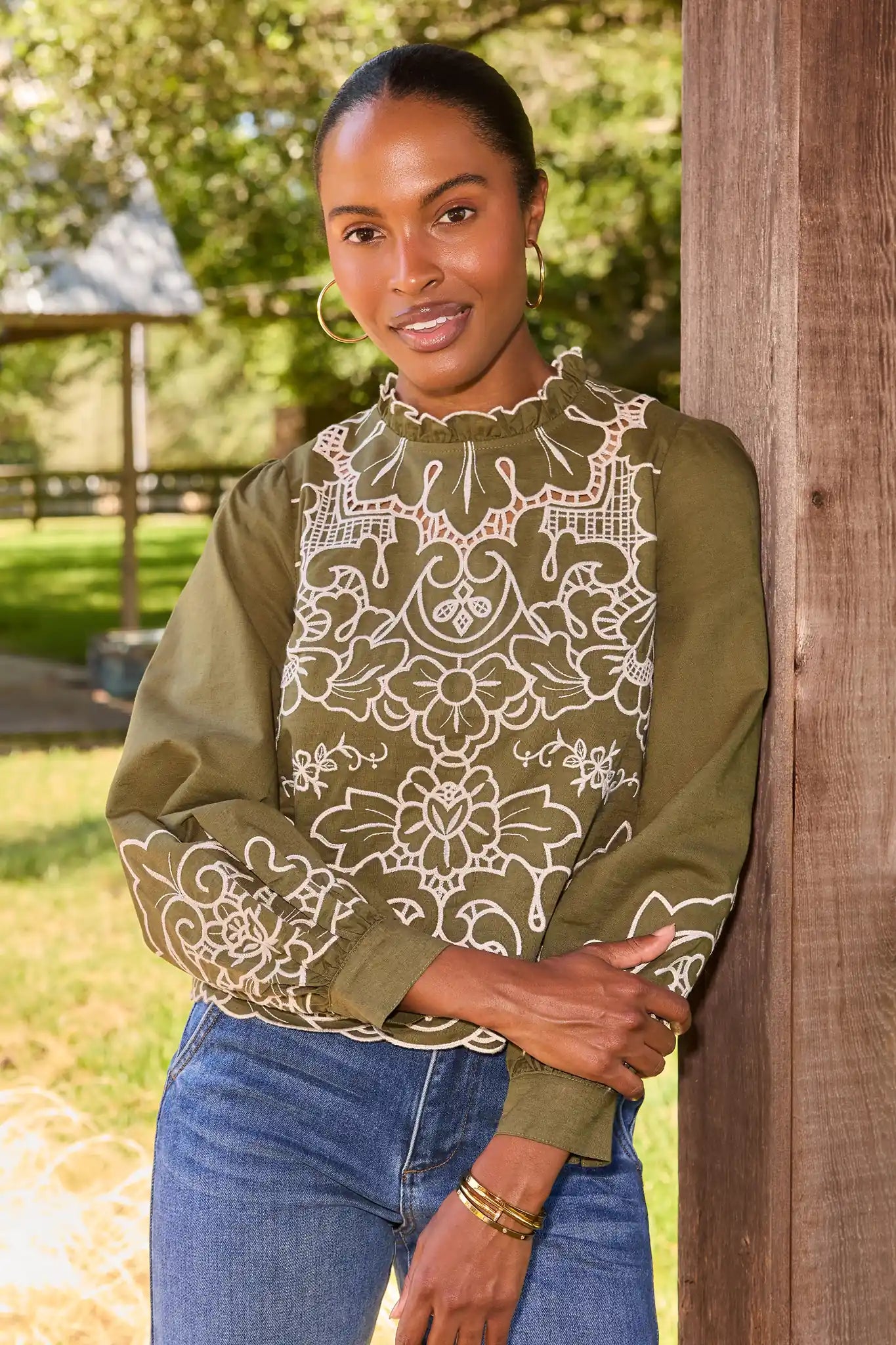 Anya Green Eyelet Long Sleeve Top