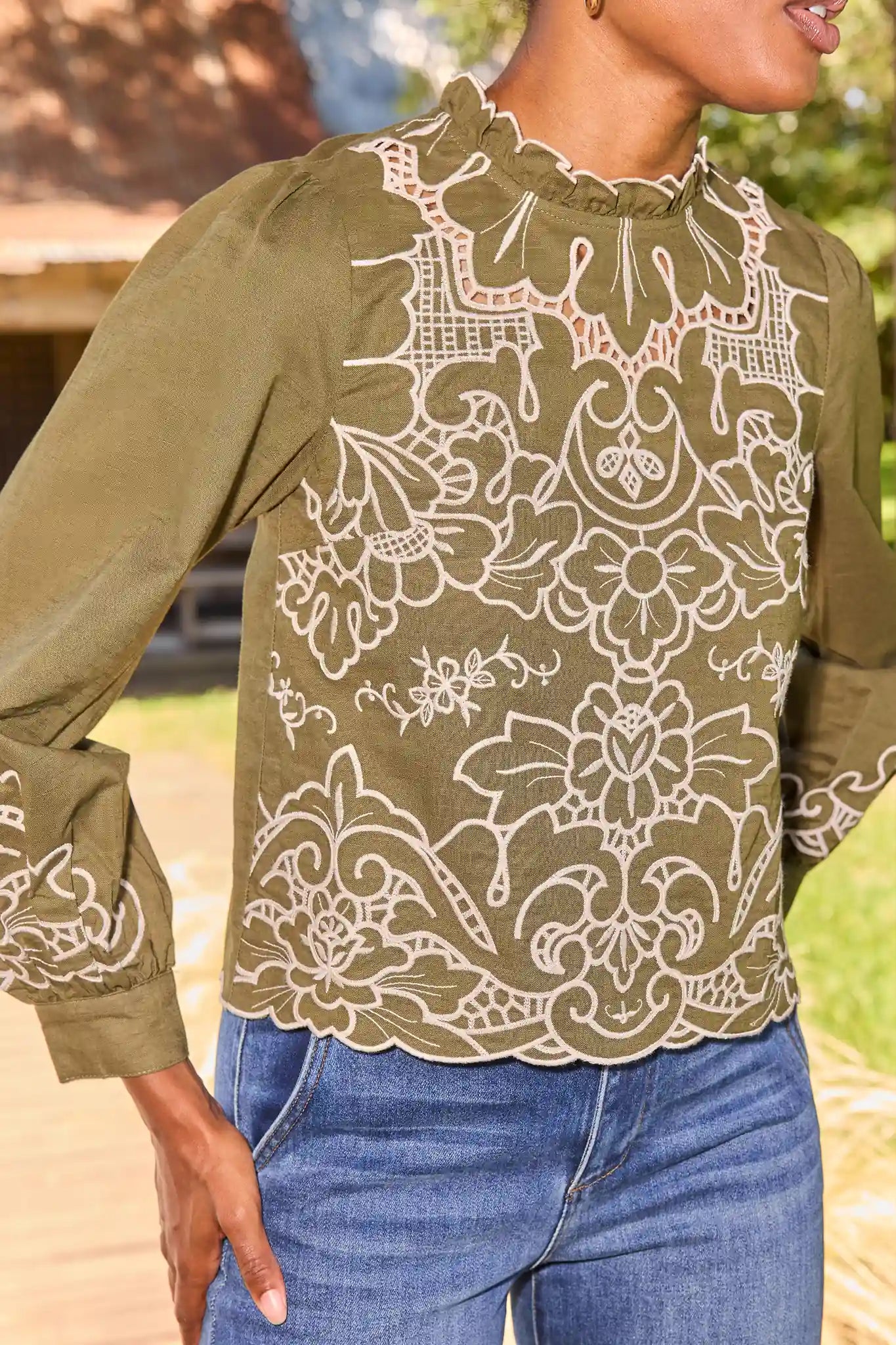 Anya Green Eyelet Long Sleeve Top