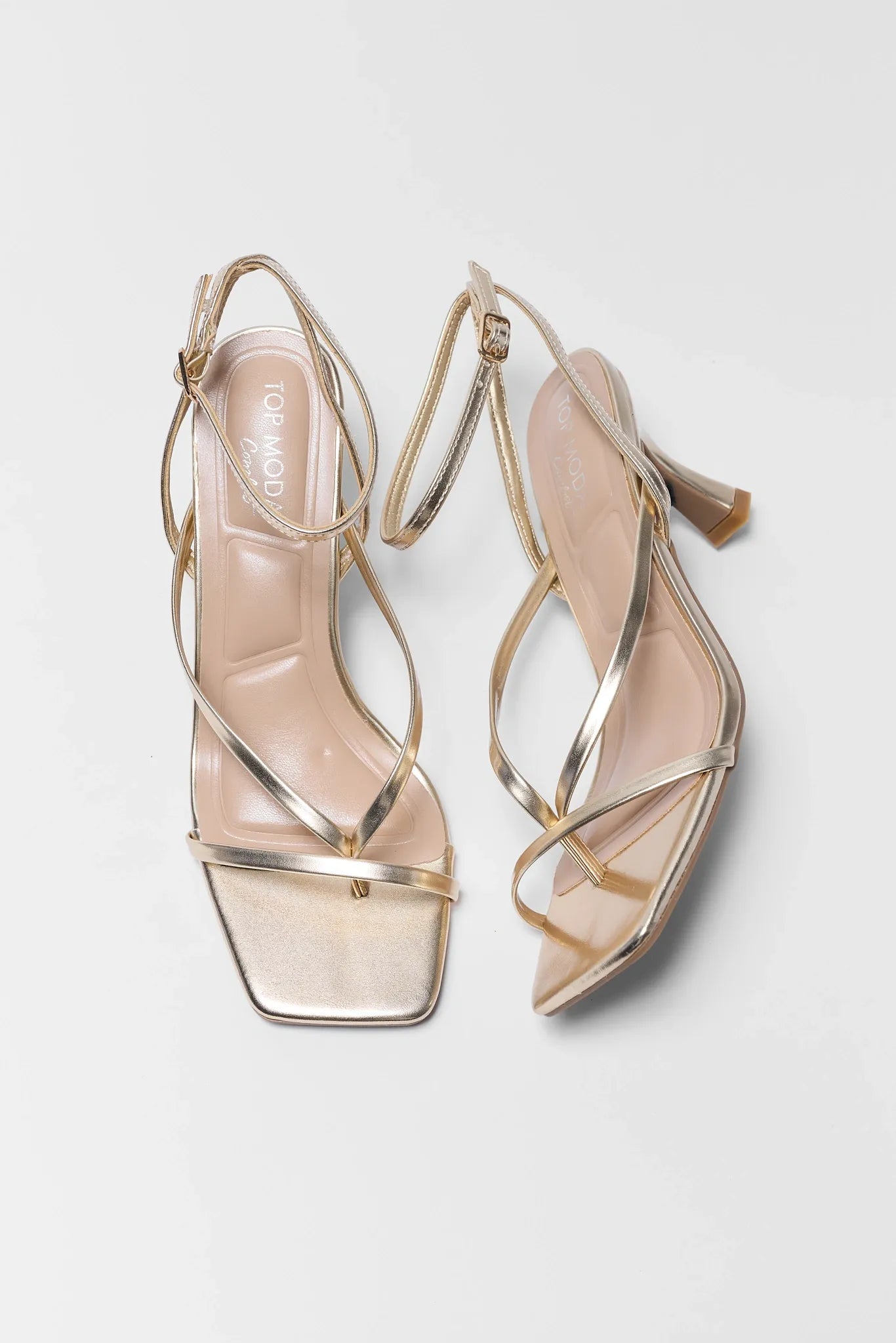 Ashton Gold Strappy Square Toe Heels on white background