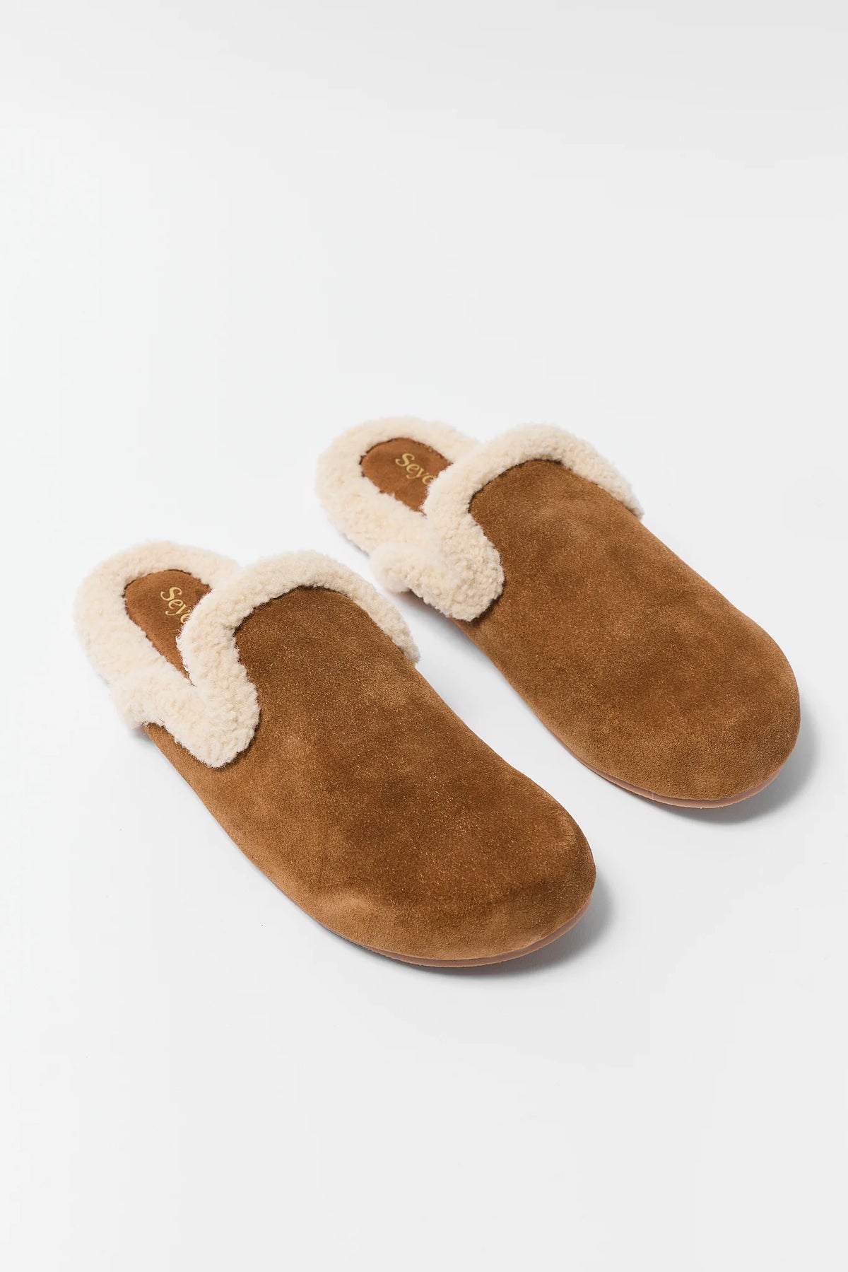 Tan Suede Sherpa Clogs - Overhead Pair View | Avara
