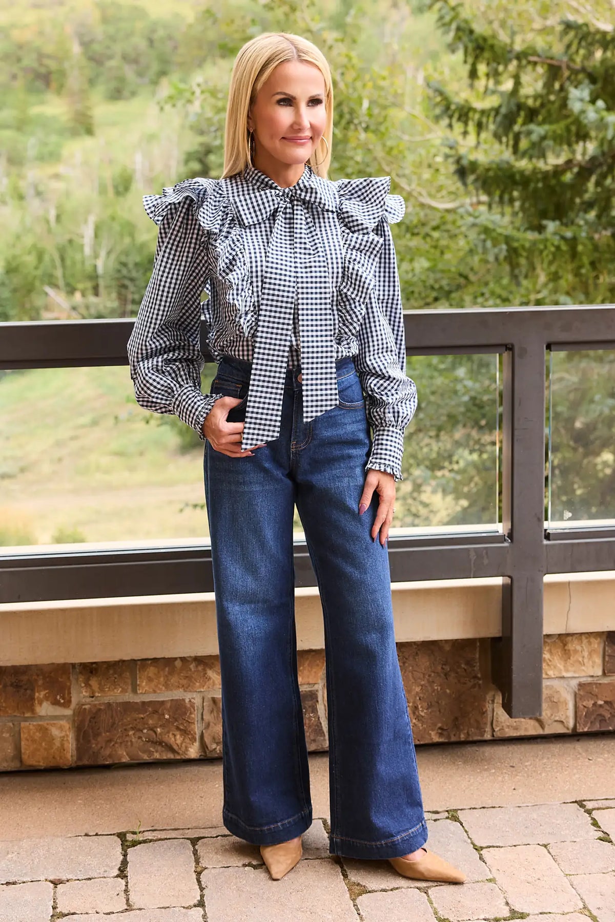 Ava Navy Gingham Ruffle Button Up Top