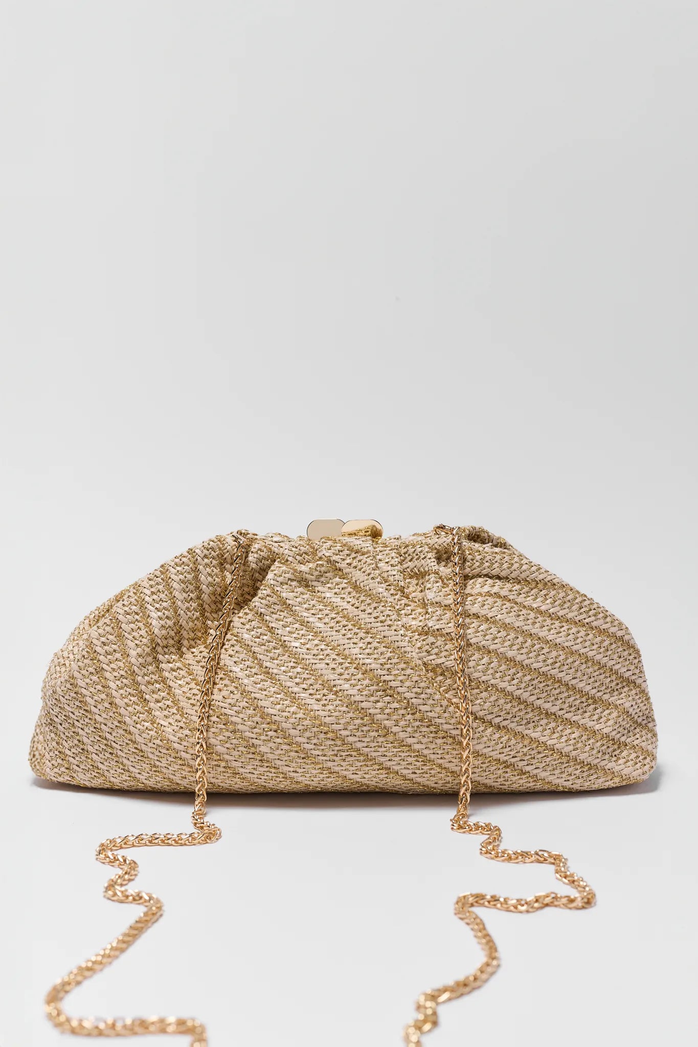 Beige woven handbag with a chain strap on a light gray background