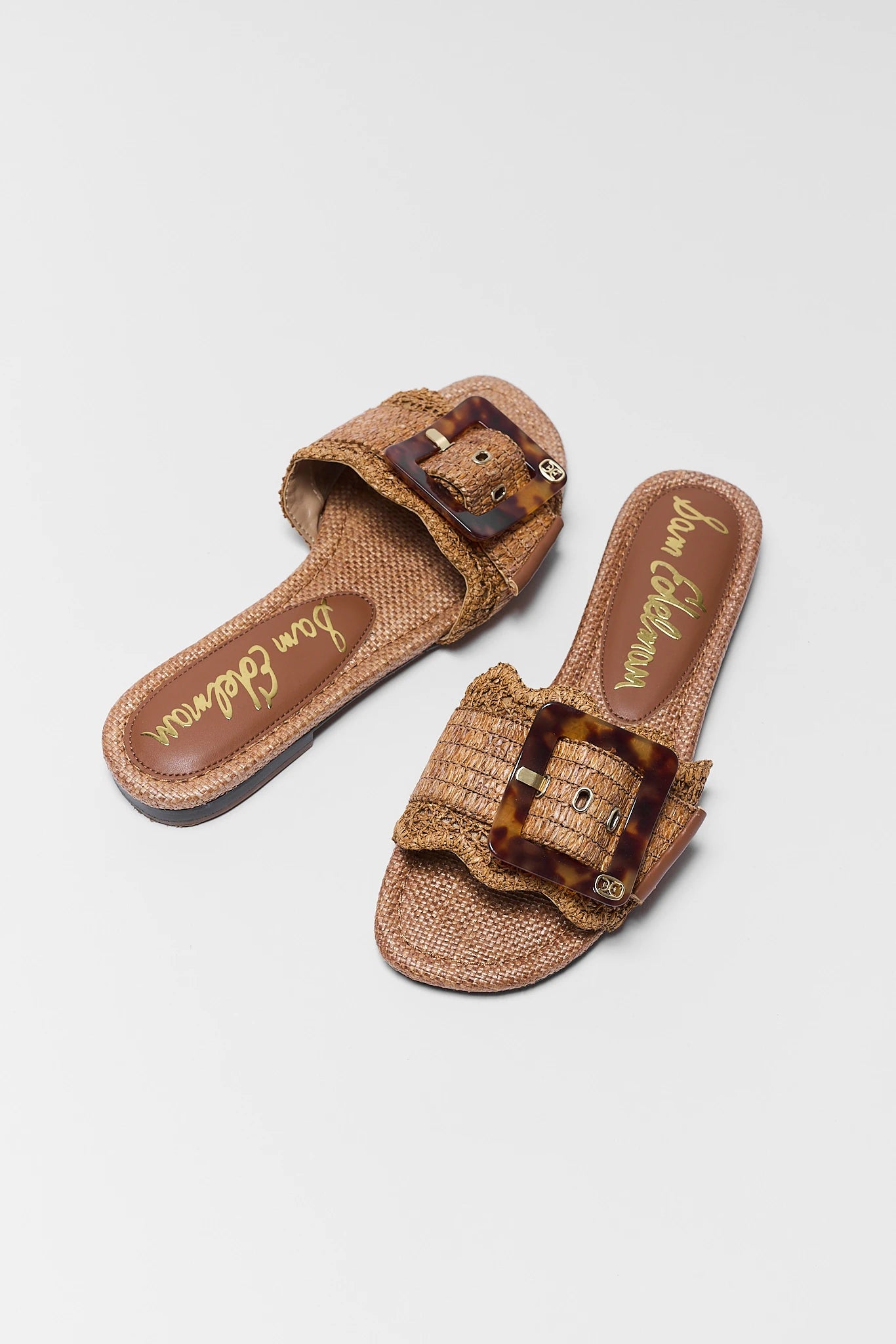 Bambi Tan Woven Buckle Sandals on white background