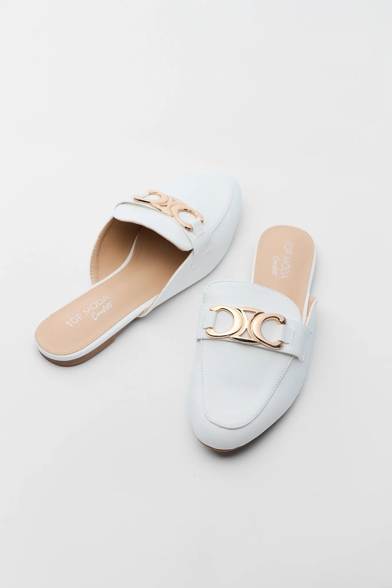 White Bellen Faux Leather Mules on white background