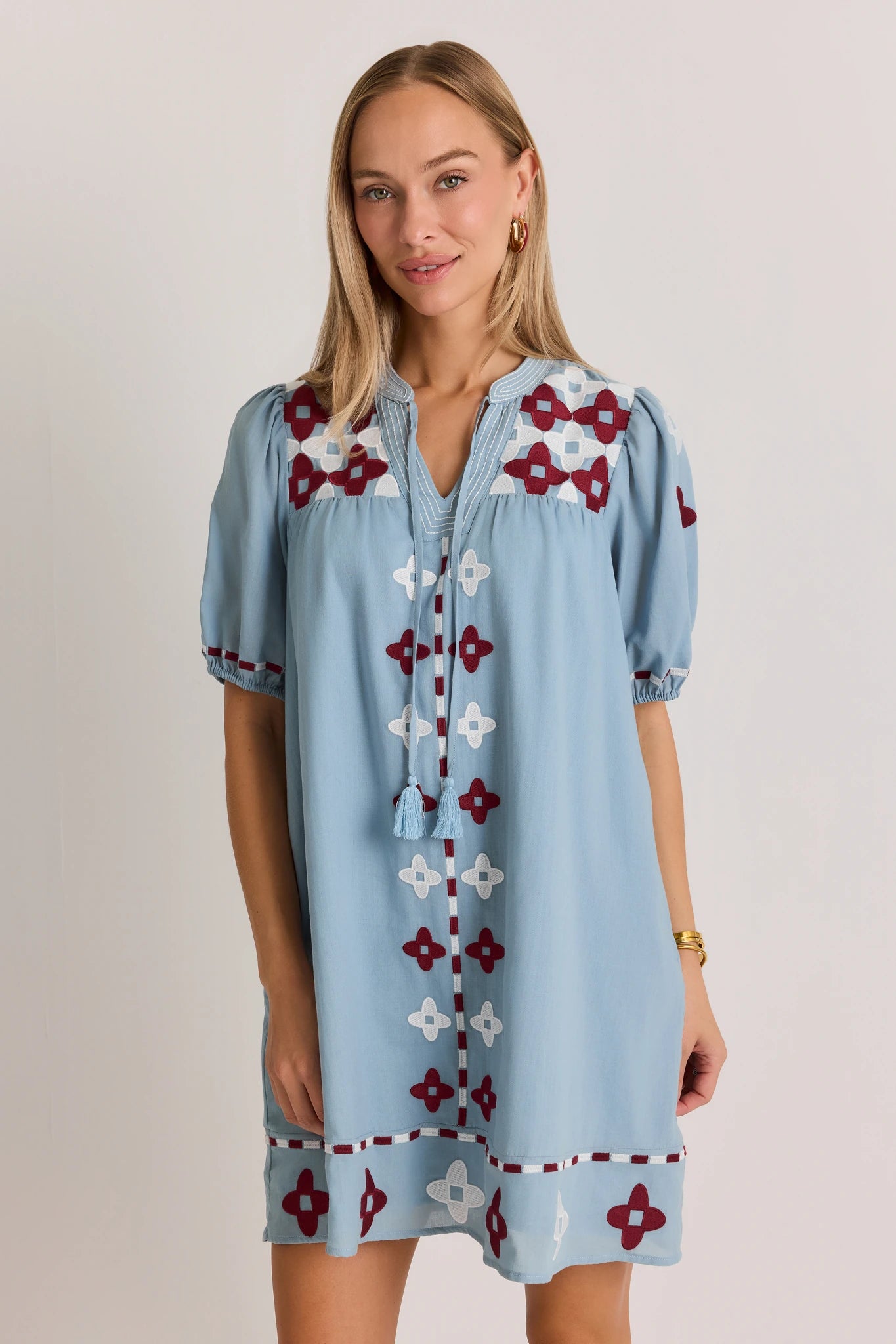 Blue Embroidered Tassel Detail Short Dress