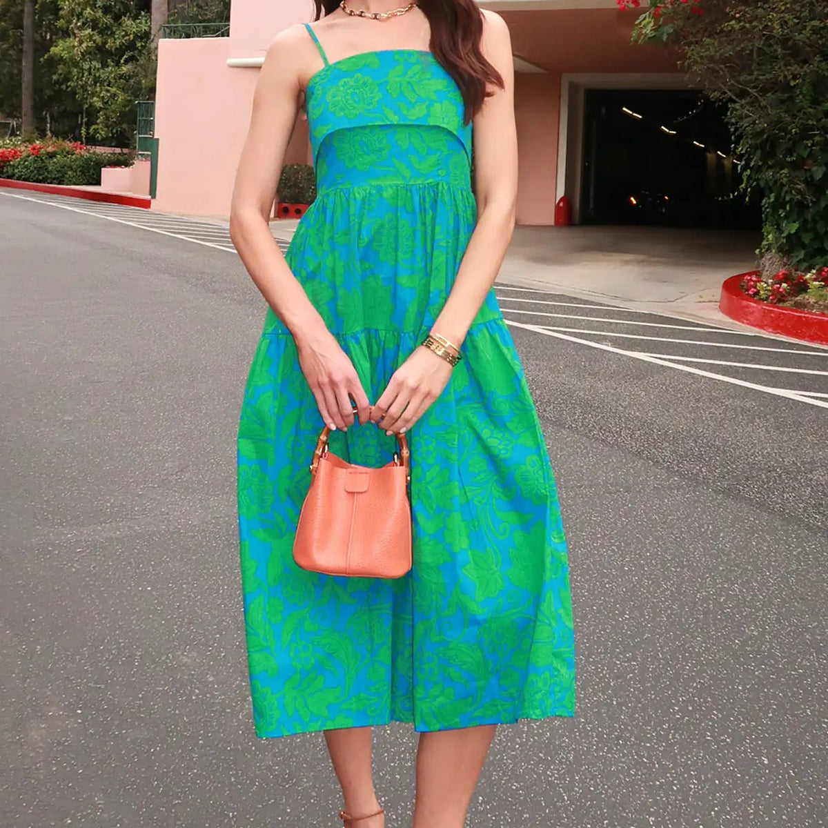 Blue Floral Print Midi Dress