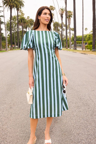 Women's Blue Striped Puff Sleeve Midi Dress | Avara