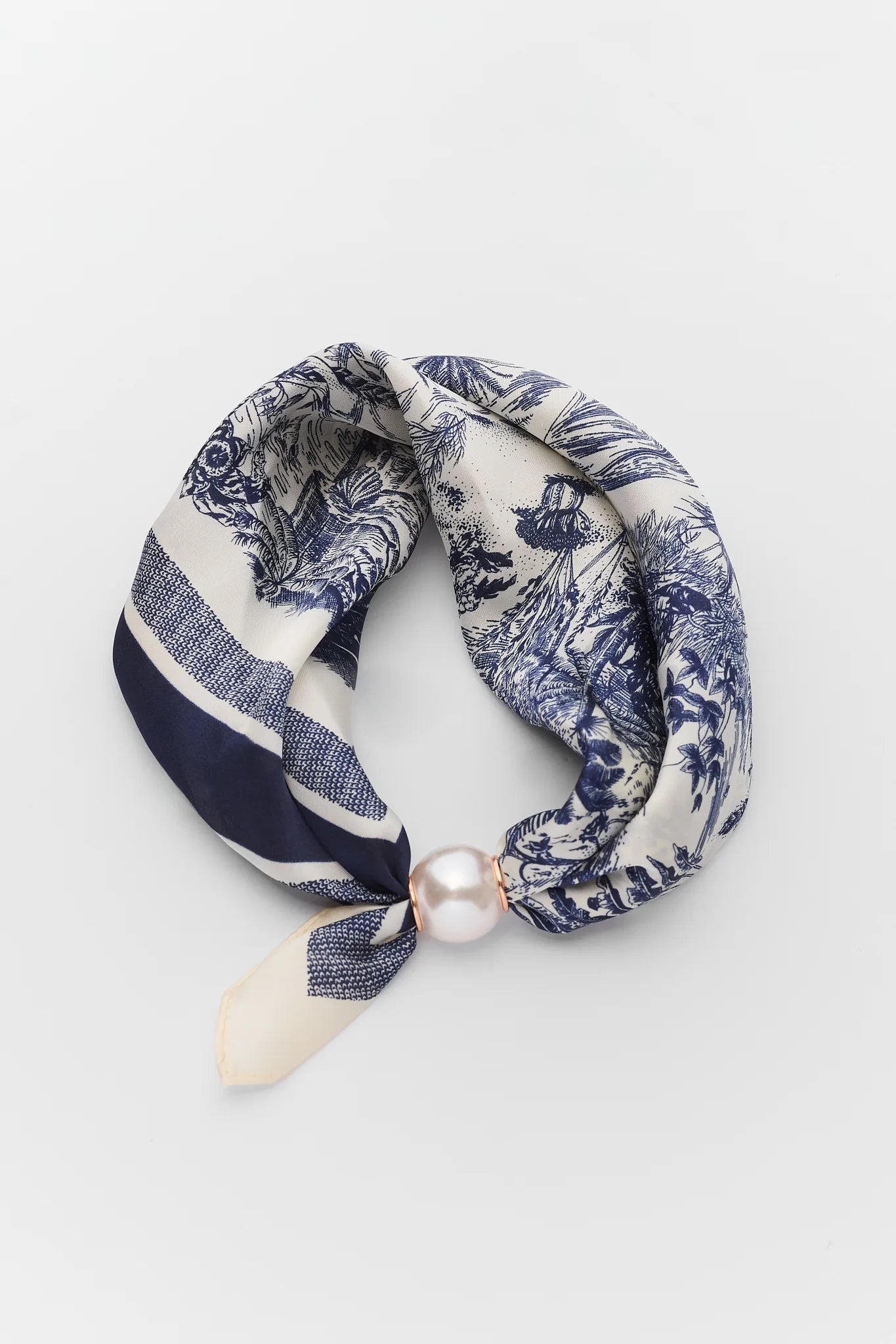 Blue Toile Print Magnetic Pearl Scarf
