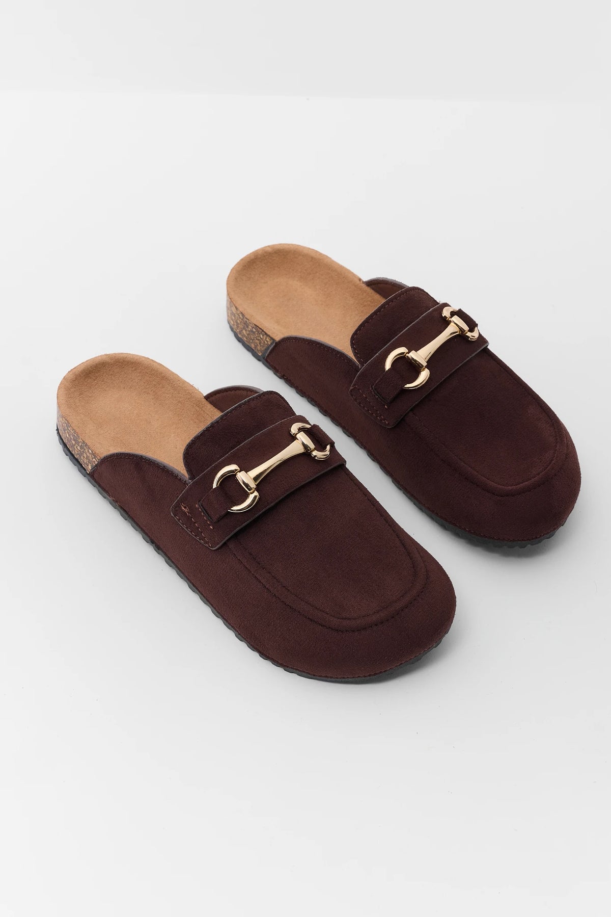 Brown Faux Suede Horsebit Mule - Pair Overhead View | Avara