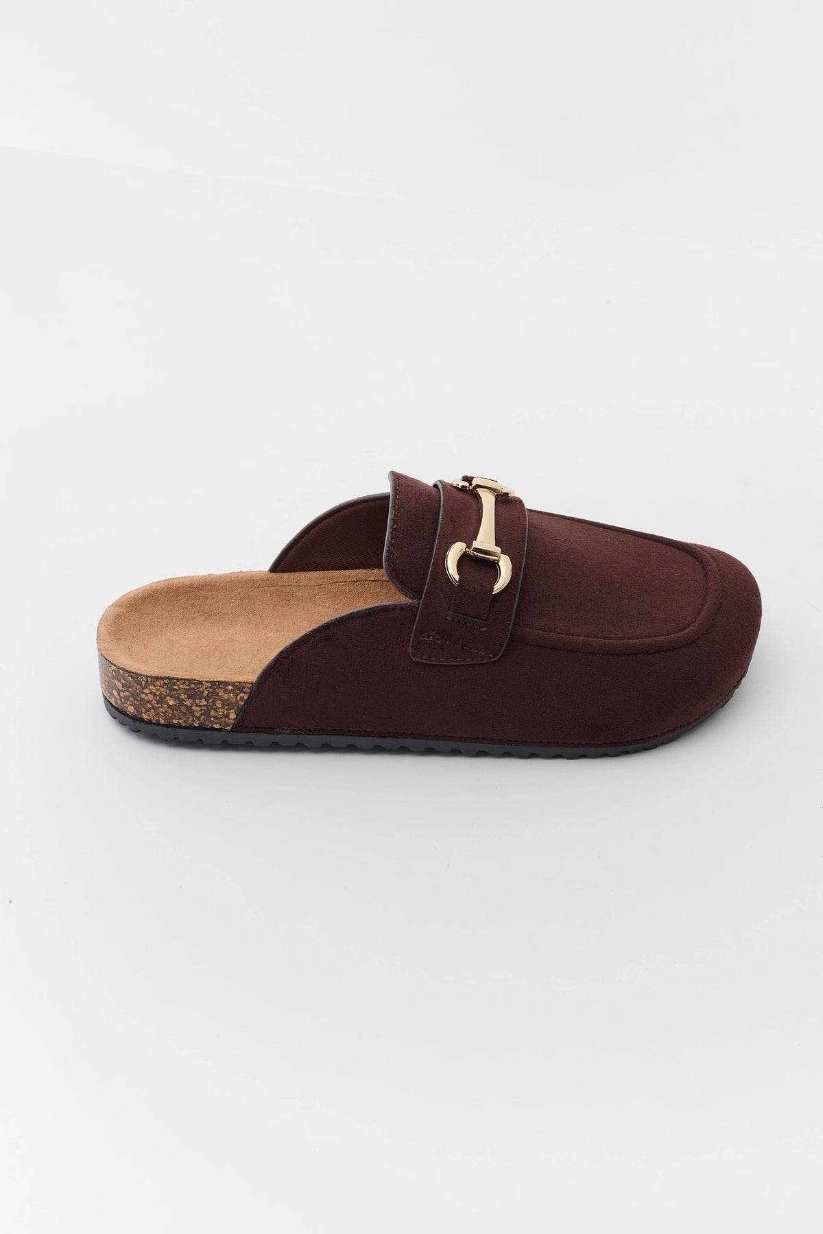 Brown Faux Suede Horsebit Mule - Side Profile with Cork Footbed | Avara