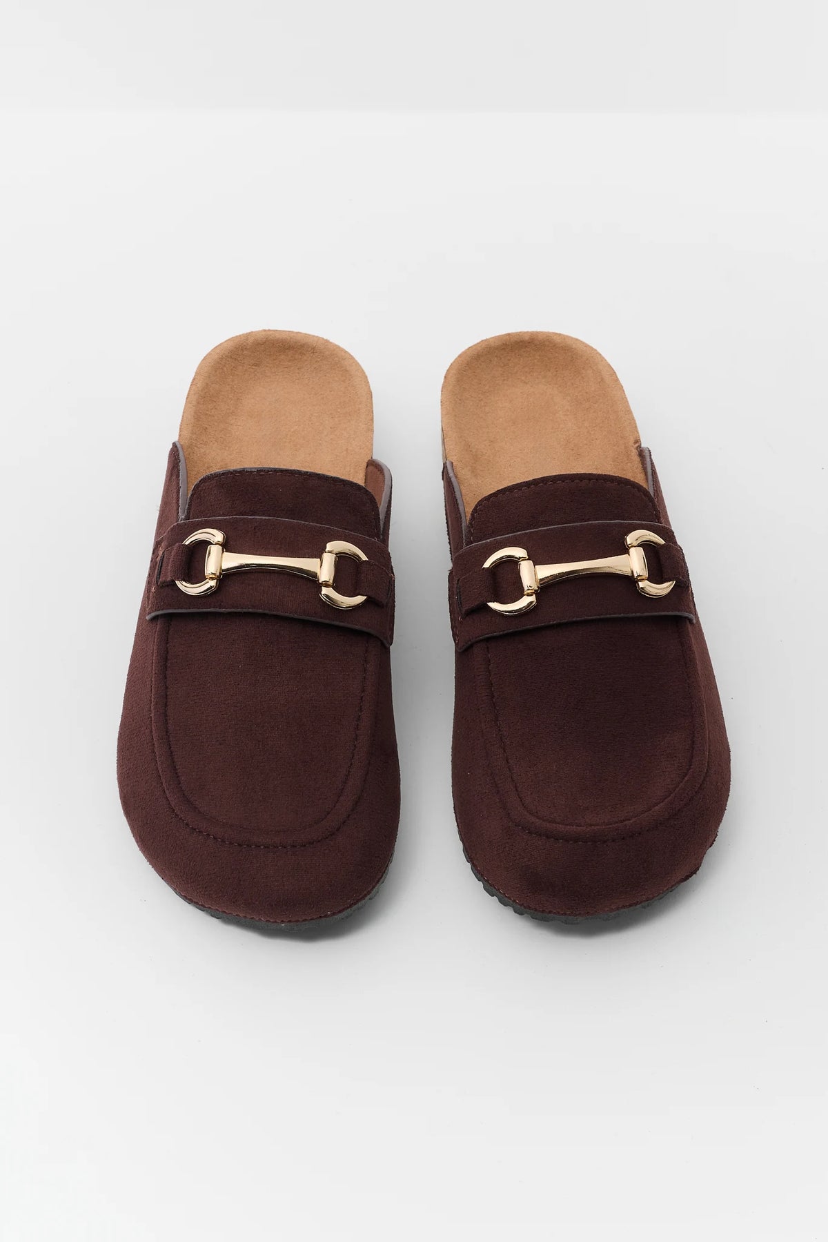Brown Faux Suede Horsebit Mule - Front View Pair Flat Lay | Avara