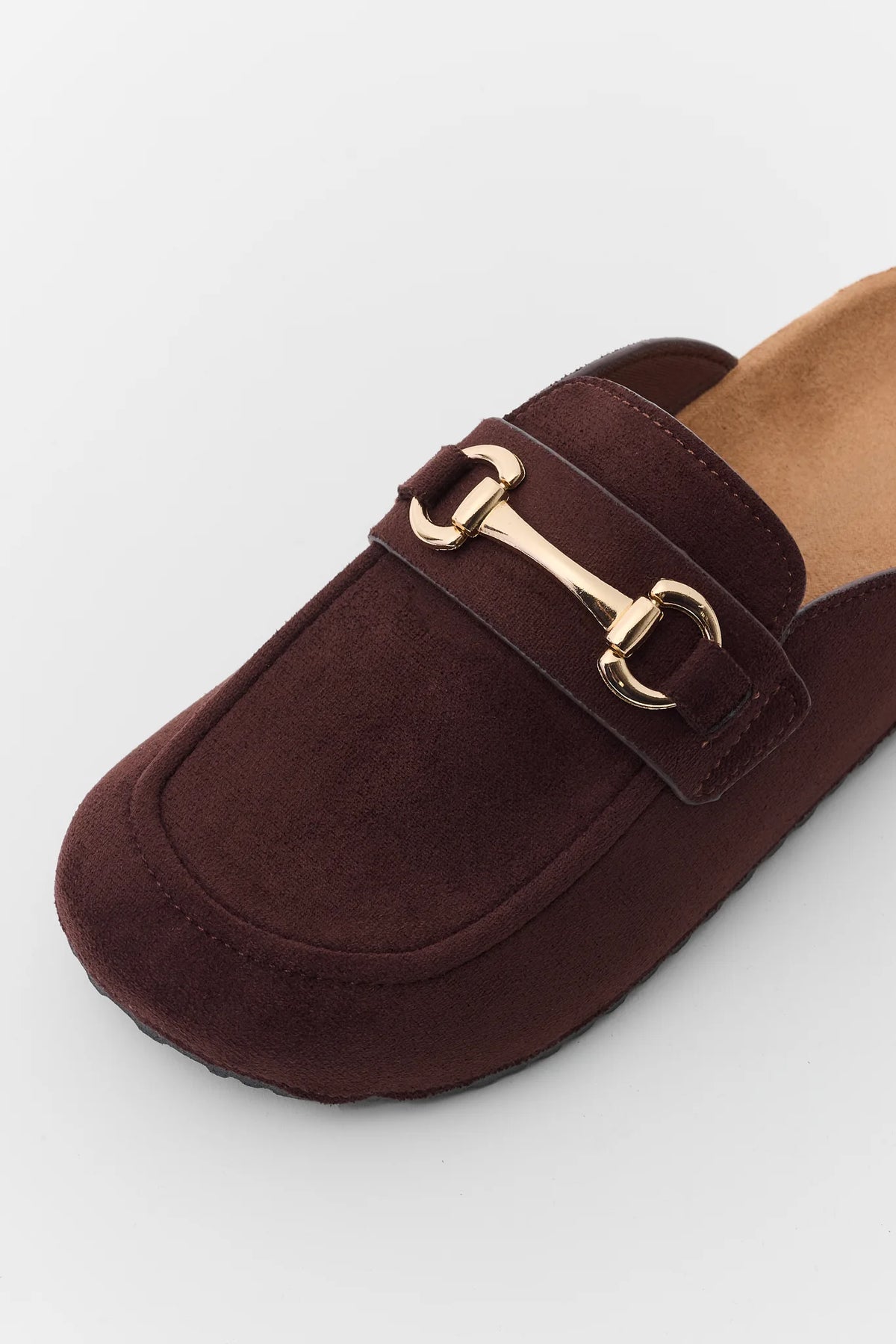 Brown Faux Suede Horsebit Mule - Gold Hardware Close-Up Detail | Avara