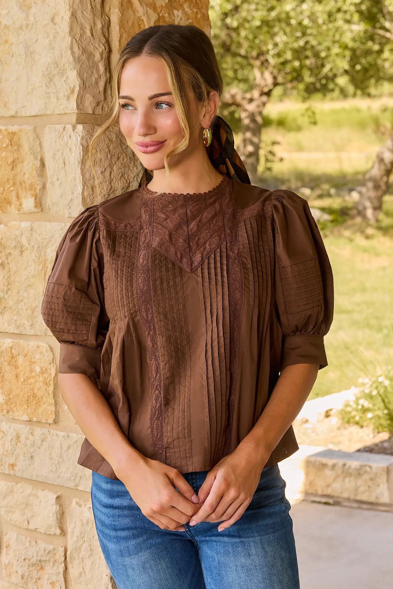 Brown Lace Detail Pleated Top