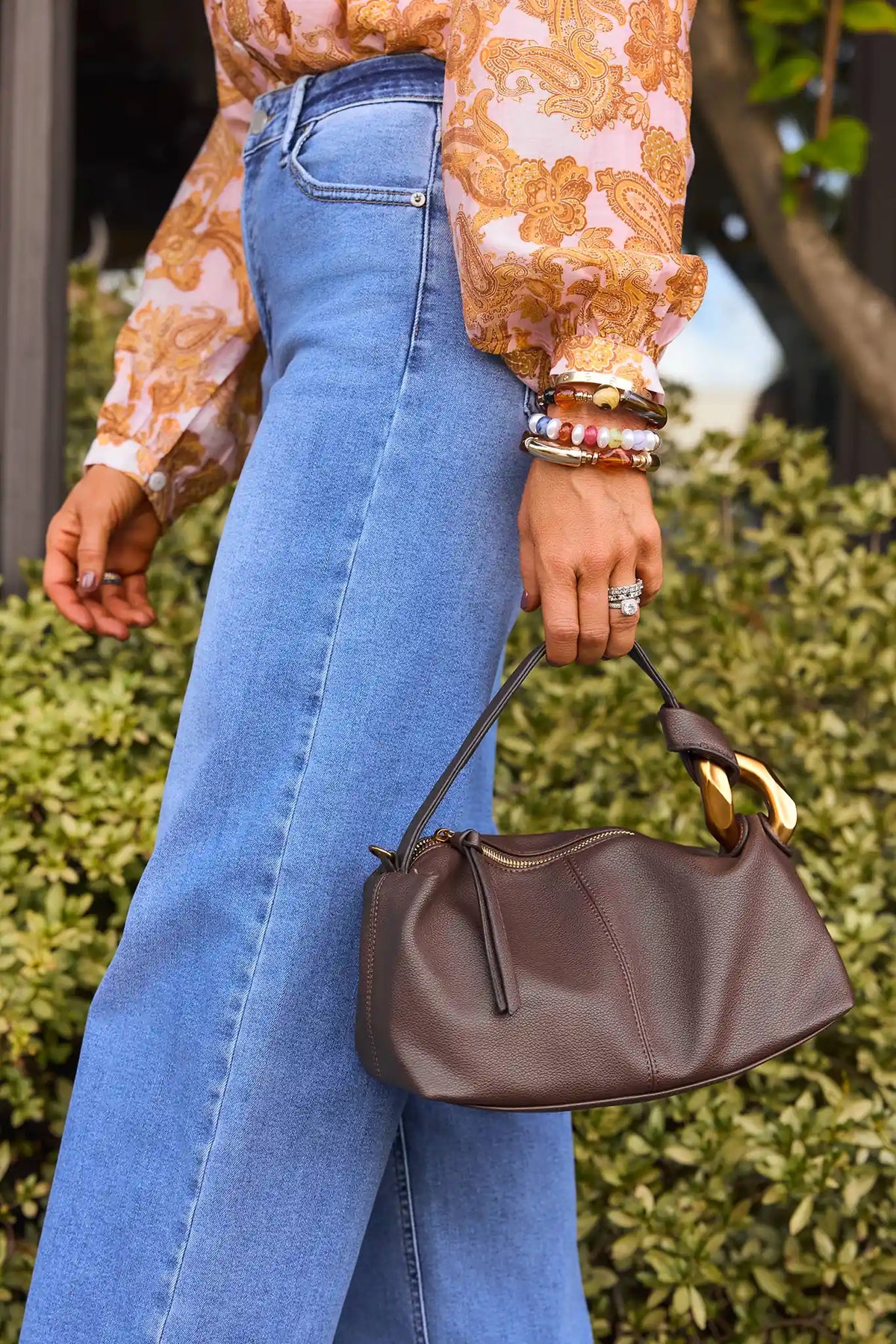 Brown Link Handle Baguette Bag