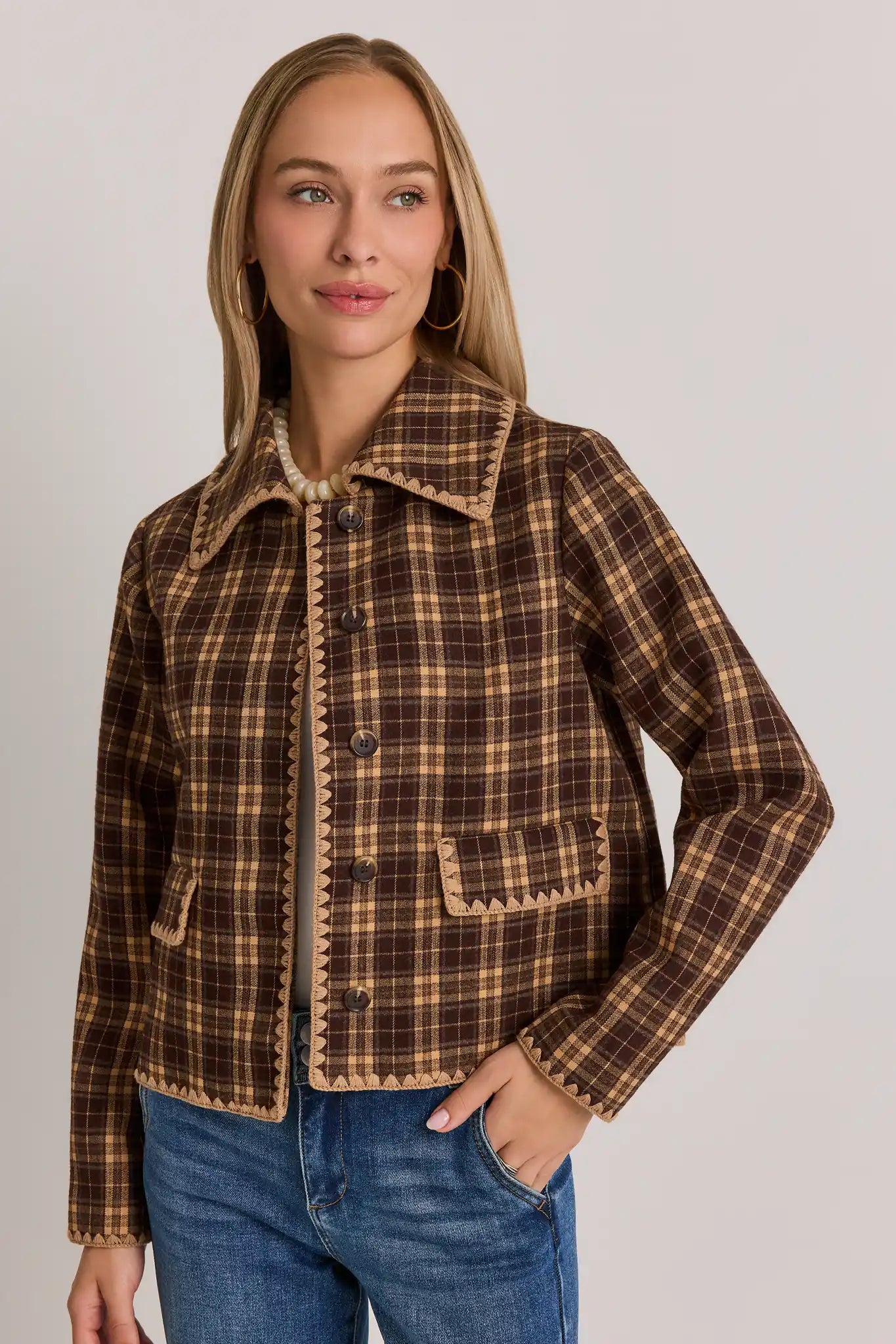 Brown Plaid Embroidered Trim Jacket