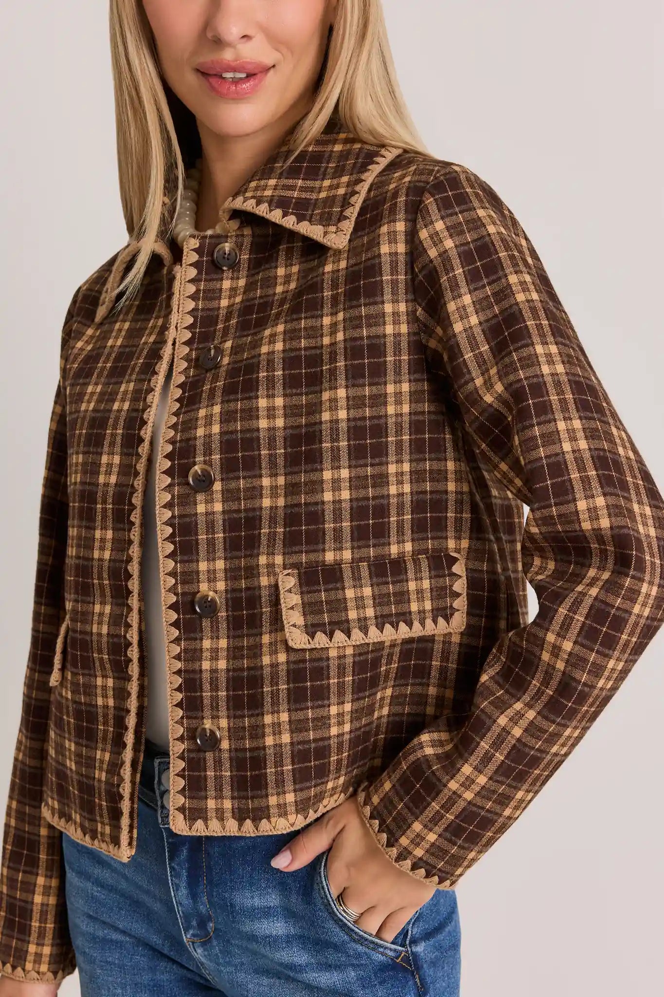 Brown Plaid Embroidered Trim Jacket