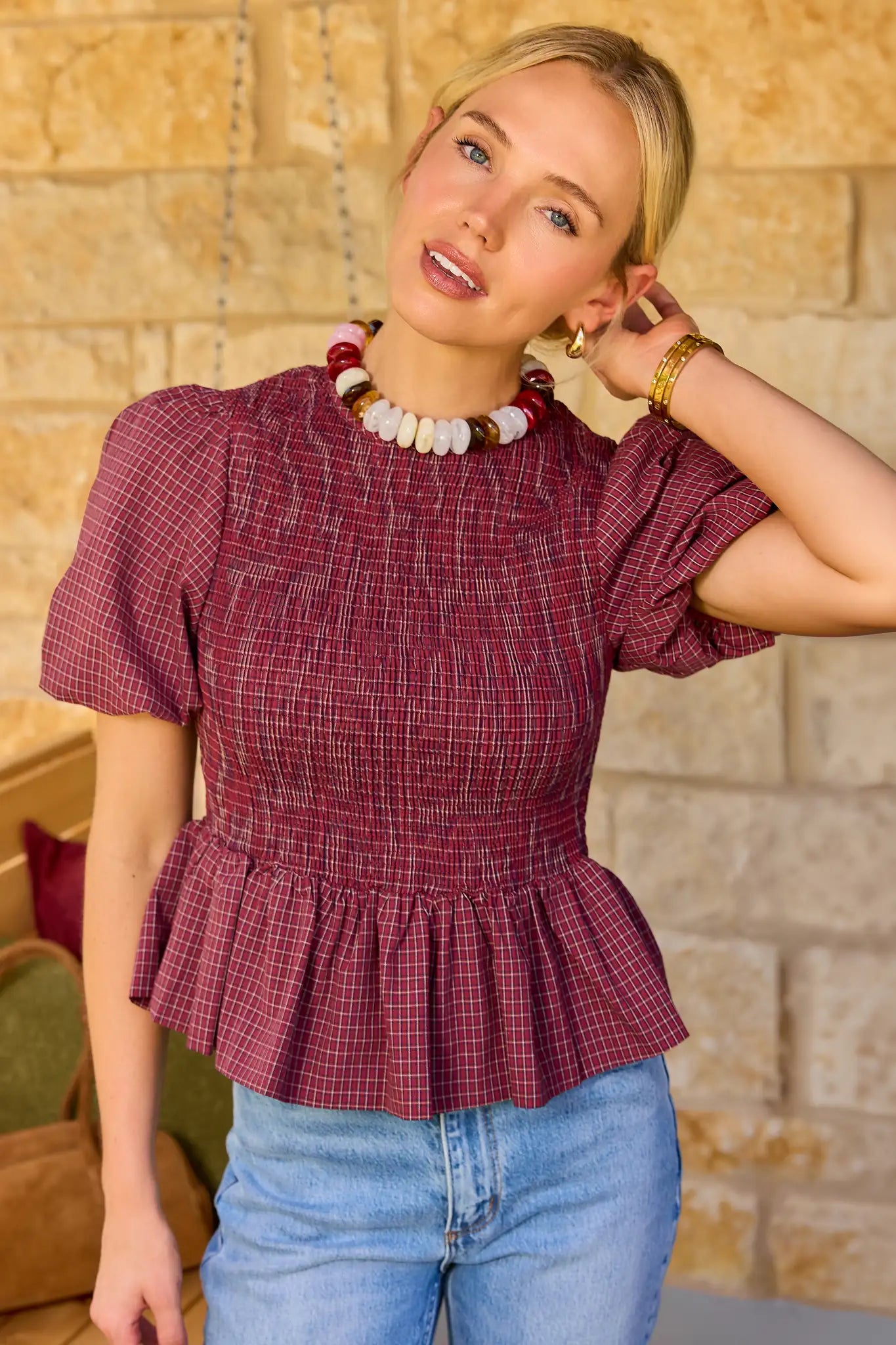 Riley Burgundy Smocked Peplum Top