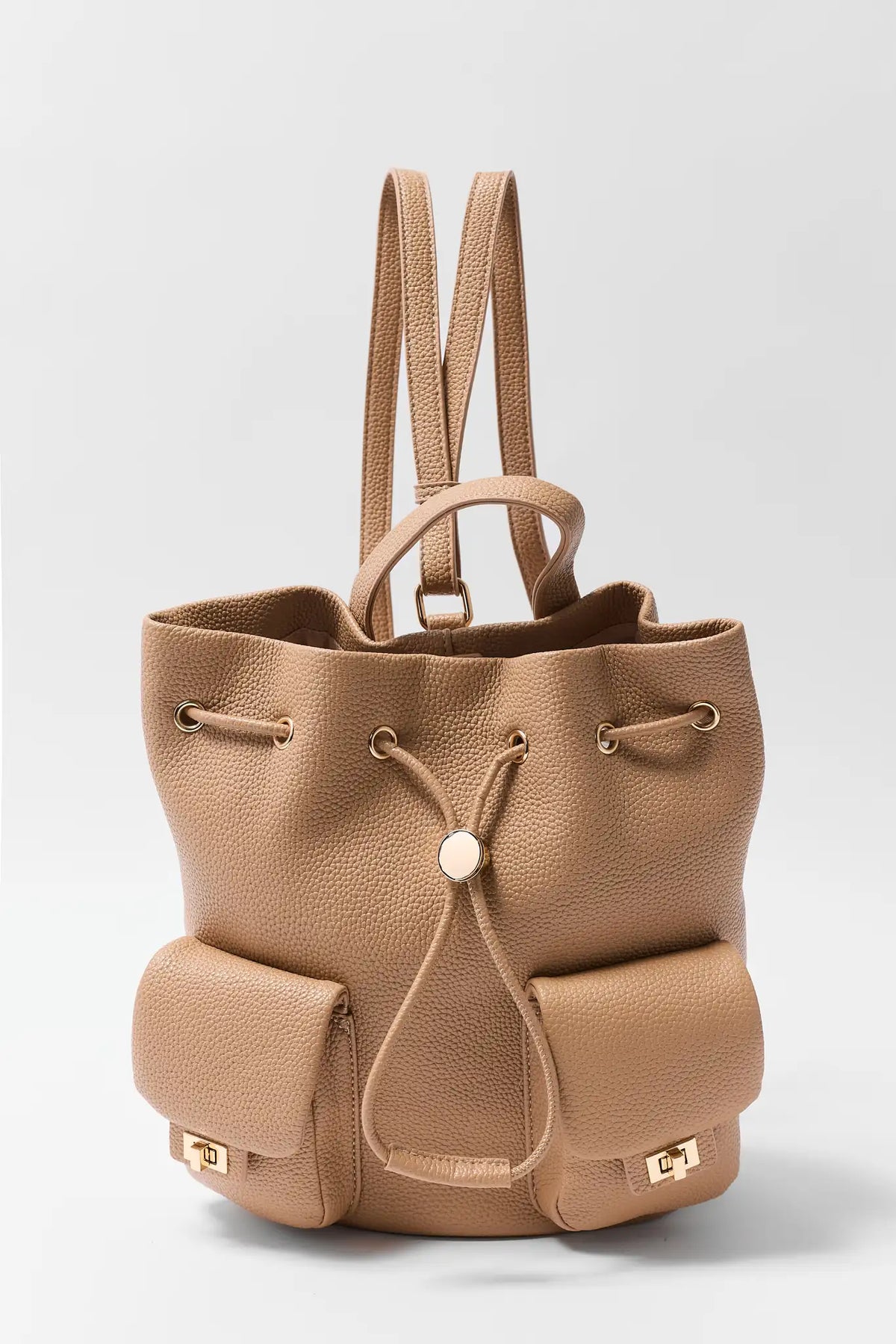Tan Faux Leather Drawstring Backpack - Front View with Gold Hardware | Avara
