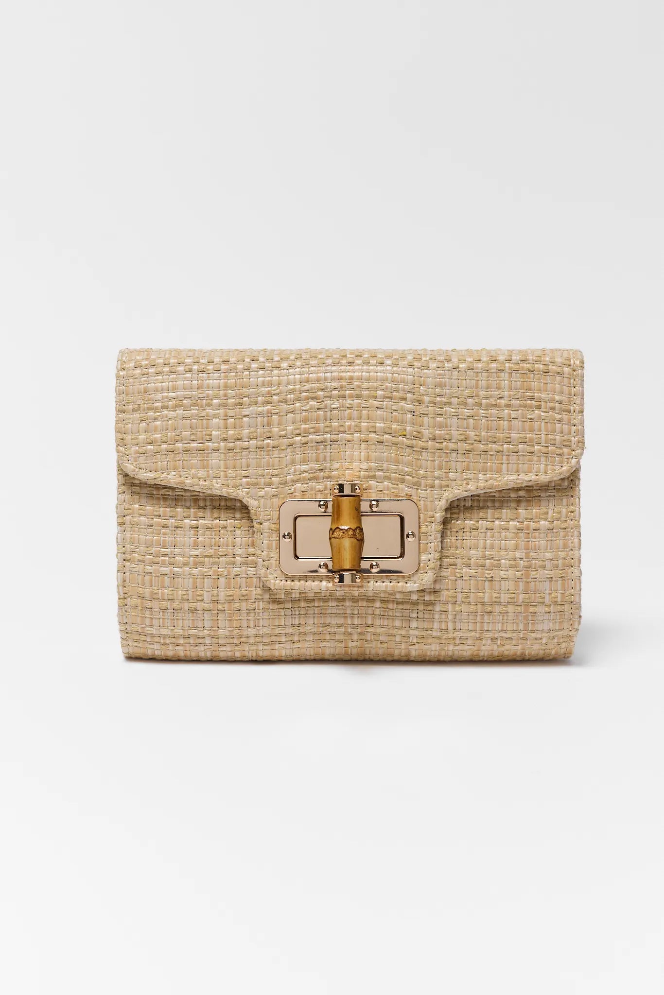 Woven beige handbag with a gold clasp on a light gray background