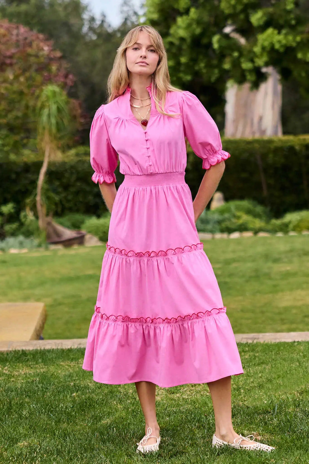 Charlotte Pink Tiered Midi Dress