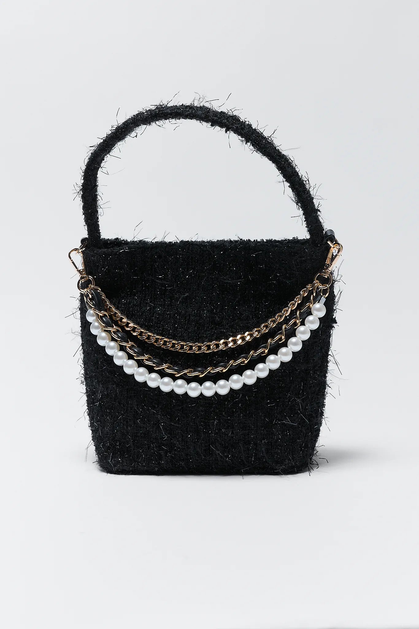 Chloe Black Tweed Bag with pearl and chain details on a white background